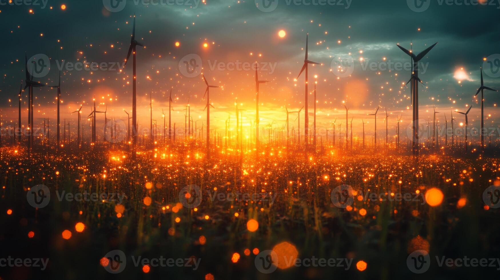 A breathtaking sunset casts an orange glow over a vast field filled with wind turbines. Flashes of light create a magical atmosphere as particles dance in the air, enhancing the beauty of the scene. photo