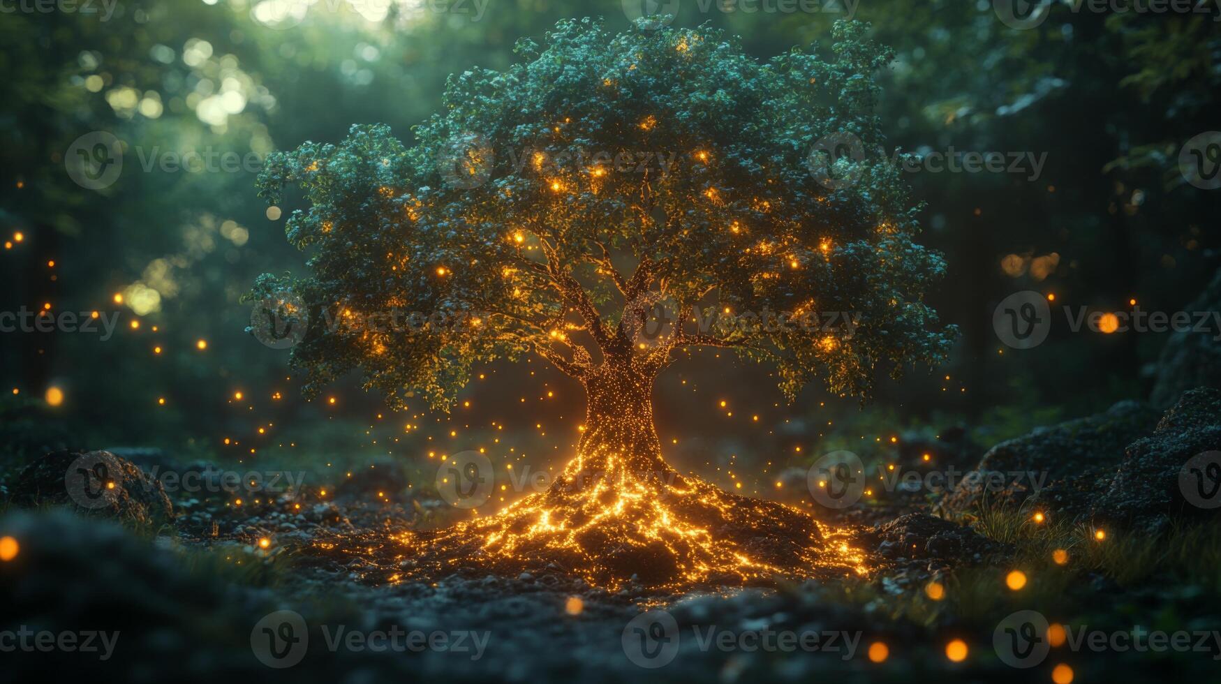 A stunning tree with glowing elements emanates light in a peaceful forest during twilight. The surrounding atmosphere is magical, filled with soft illumination and serenity. photo