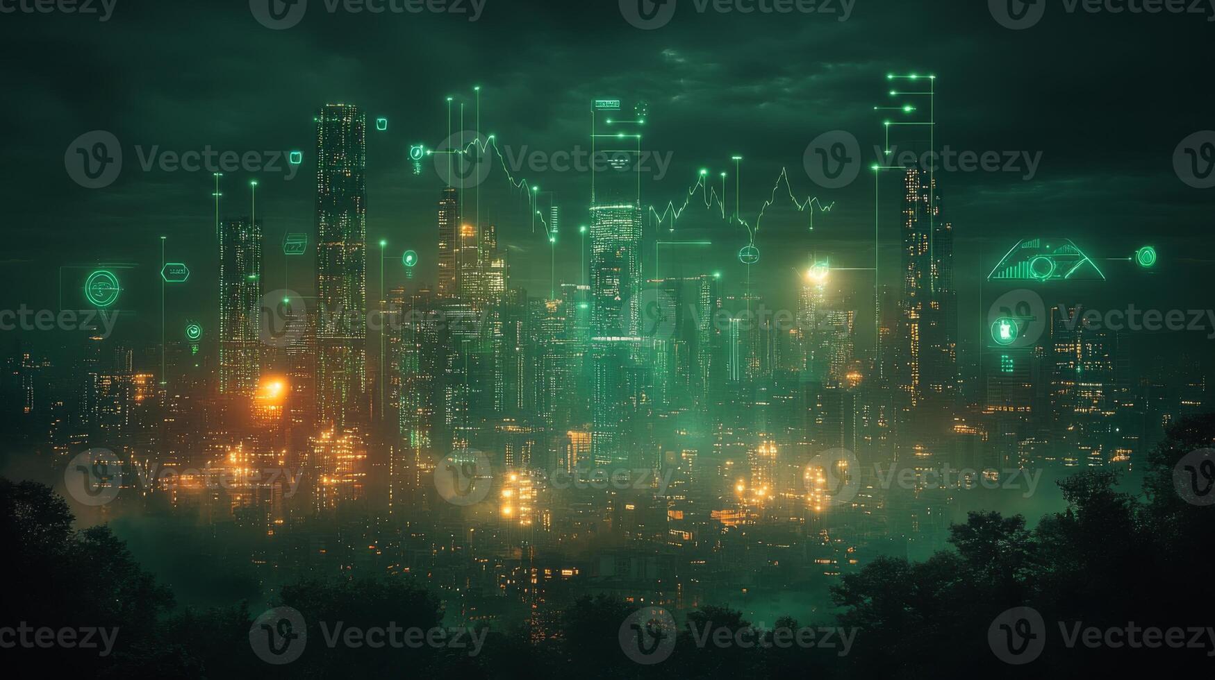 A vibrant, futuristic city skyline shines with green lights under a dark sky. Digital data overlays provide information, creating a high-tech atmosphere. Buildings tower above shrouded in mist. photo