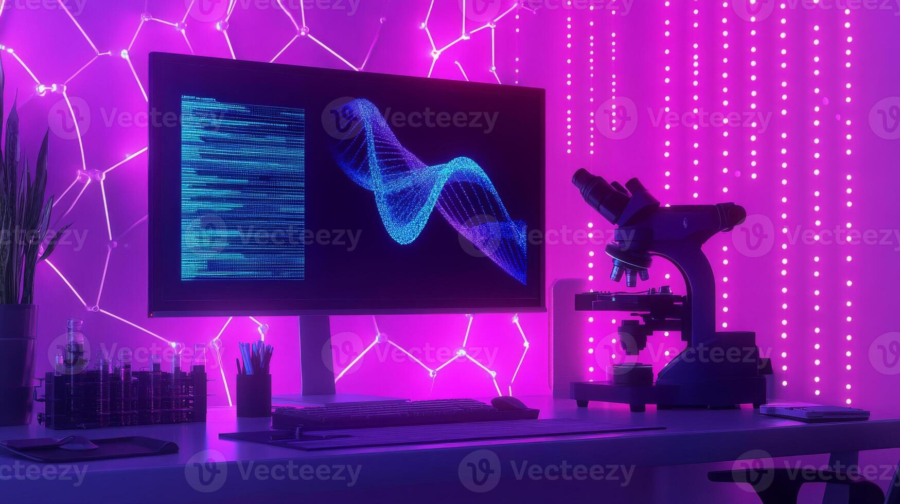 A computer workspace showcases advanced technology with a monitor displaying data visualization. photo