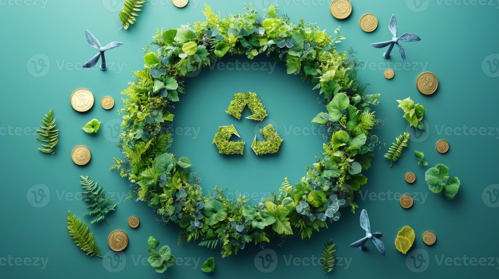 A circular arrangement of fresh green leaves surrounds a recycling symbol, with coins scattered around. This artistic display represents sustainability and environmental consciousness. photo