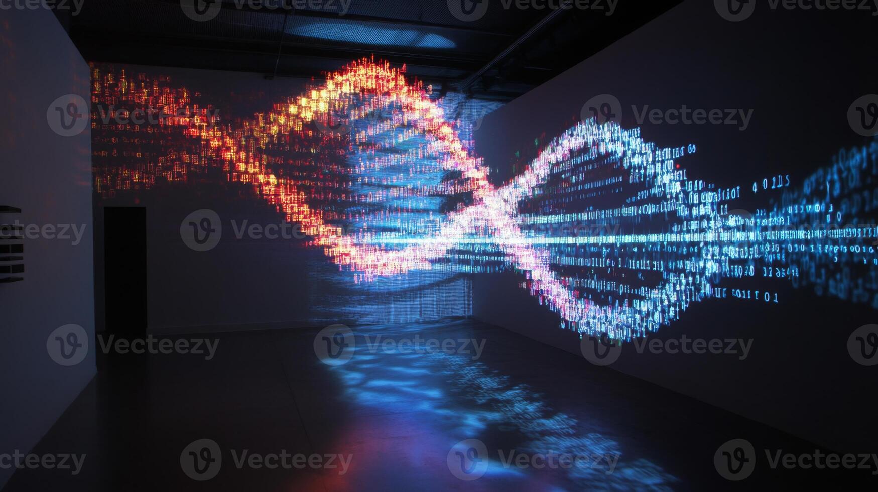 An artistic display shows vibrant waves of red and blue light, symbolizing data streams and artificial intelligence. photo