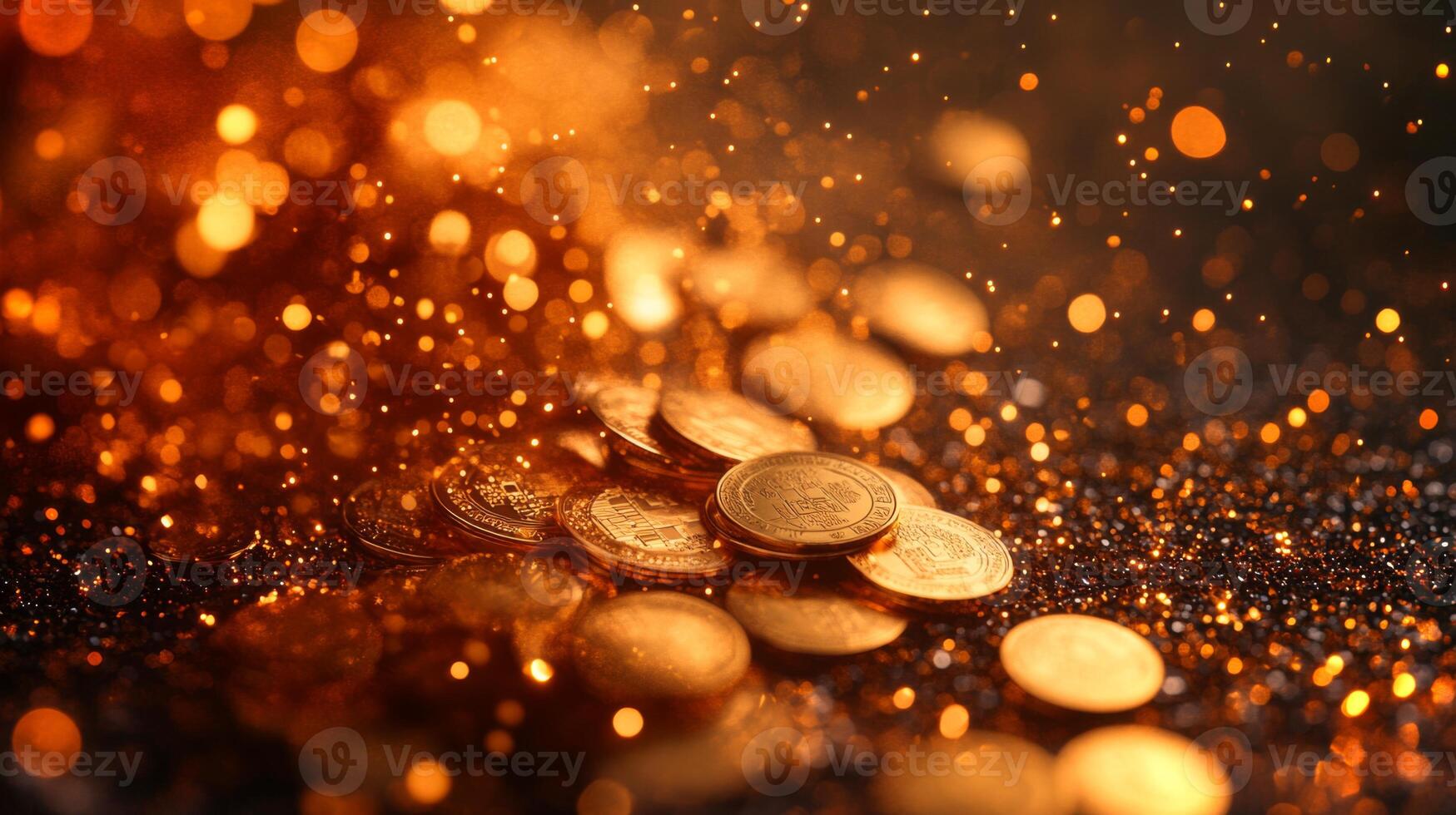 Shimmering golden coins lie scattered against a dark background, illuminated by sparkling particles that create a captivating, magical ambiance. photo