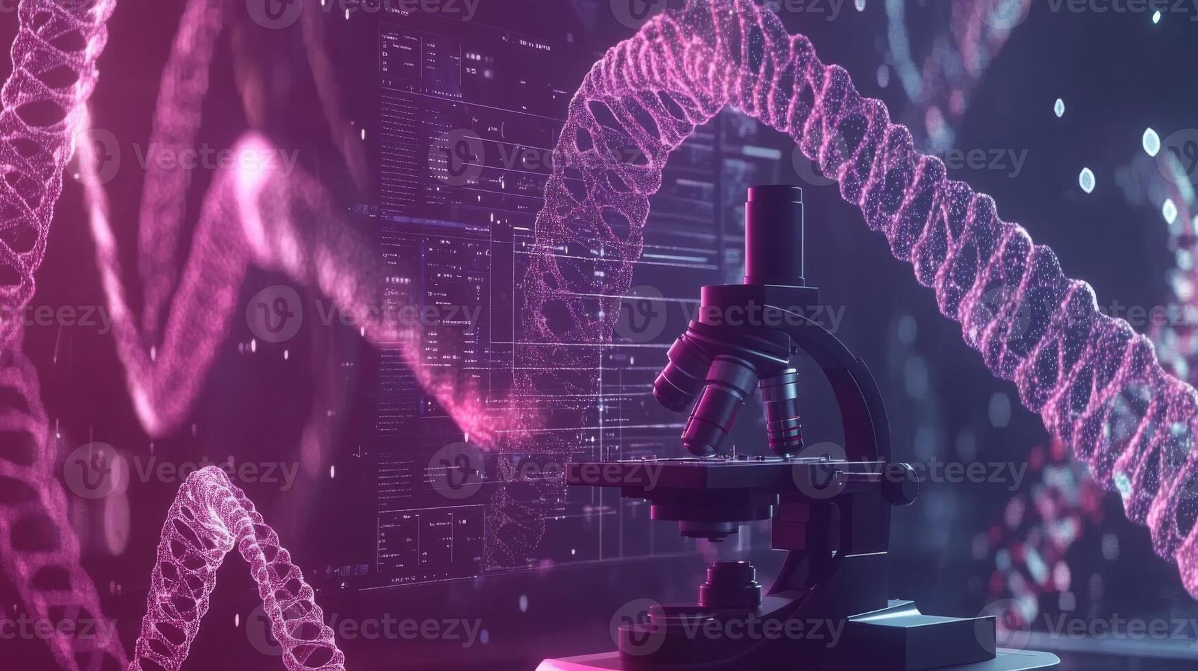 This visual illustrates the synergy between artificial intelligence and biology, featuring a microscope amidst digital DNA strands and data visuals. photo