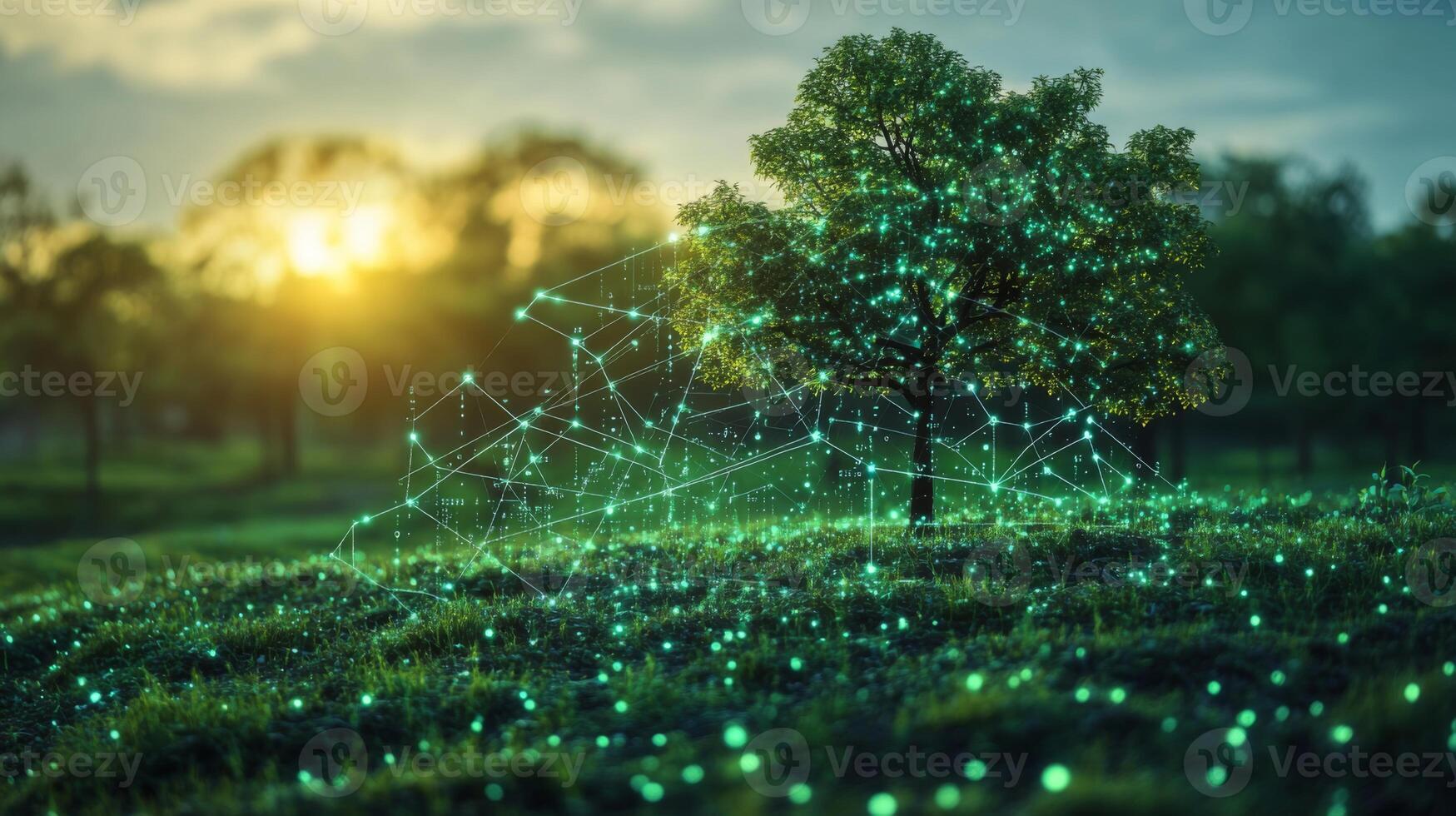 A vibrant tree stands in a lush green field, surrounded by glowing digital connections. The sun rises in the background, casting a warm light on the landscape. photo