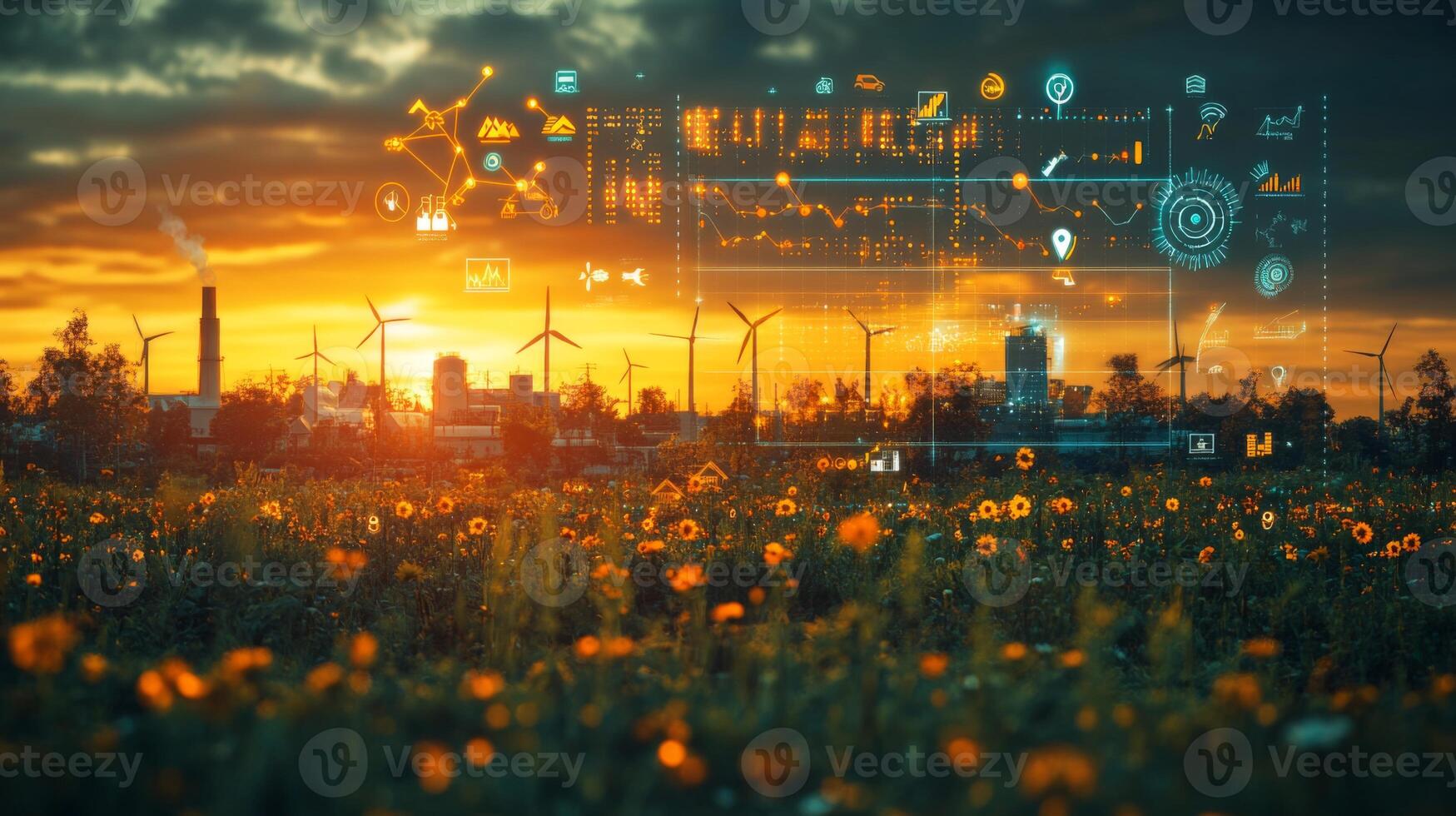 Sunset illuminates a field of flowers and wind turbines, blending nature with advanced technology through digital data overlays. photo