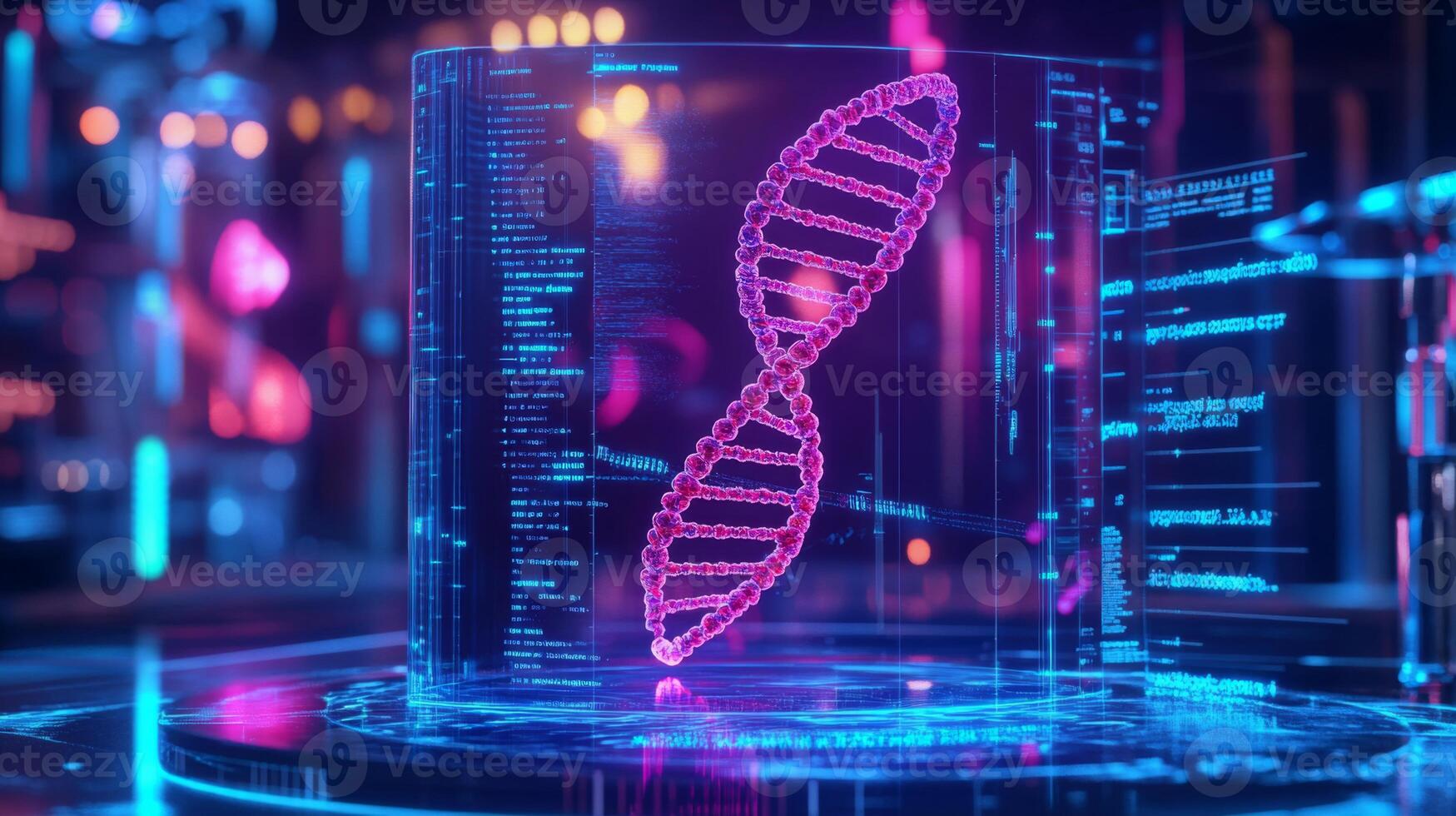 A vibrant, glowing model of a DNA double helix is presented in a transparent cylinder within a high-tech environment. Surrounding digital code and neon lights enhance the futuristic atmosphere. photo