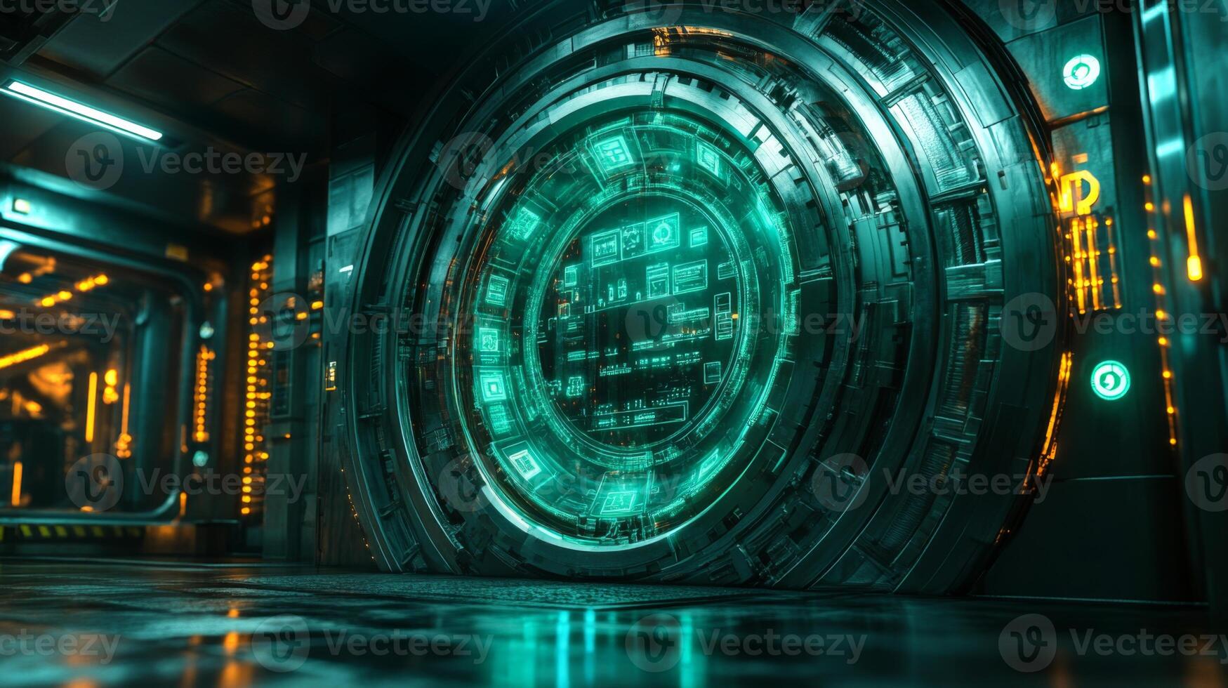 A round, glowing portal stands in a dimly lit, high-tech environment filled with intricate circuitry and vibrant blue and orange lights. photo