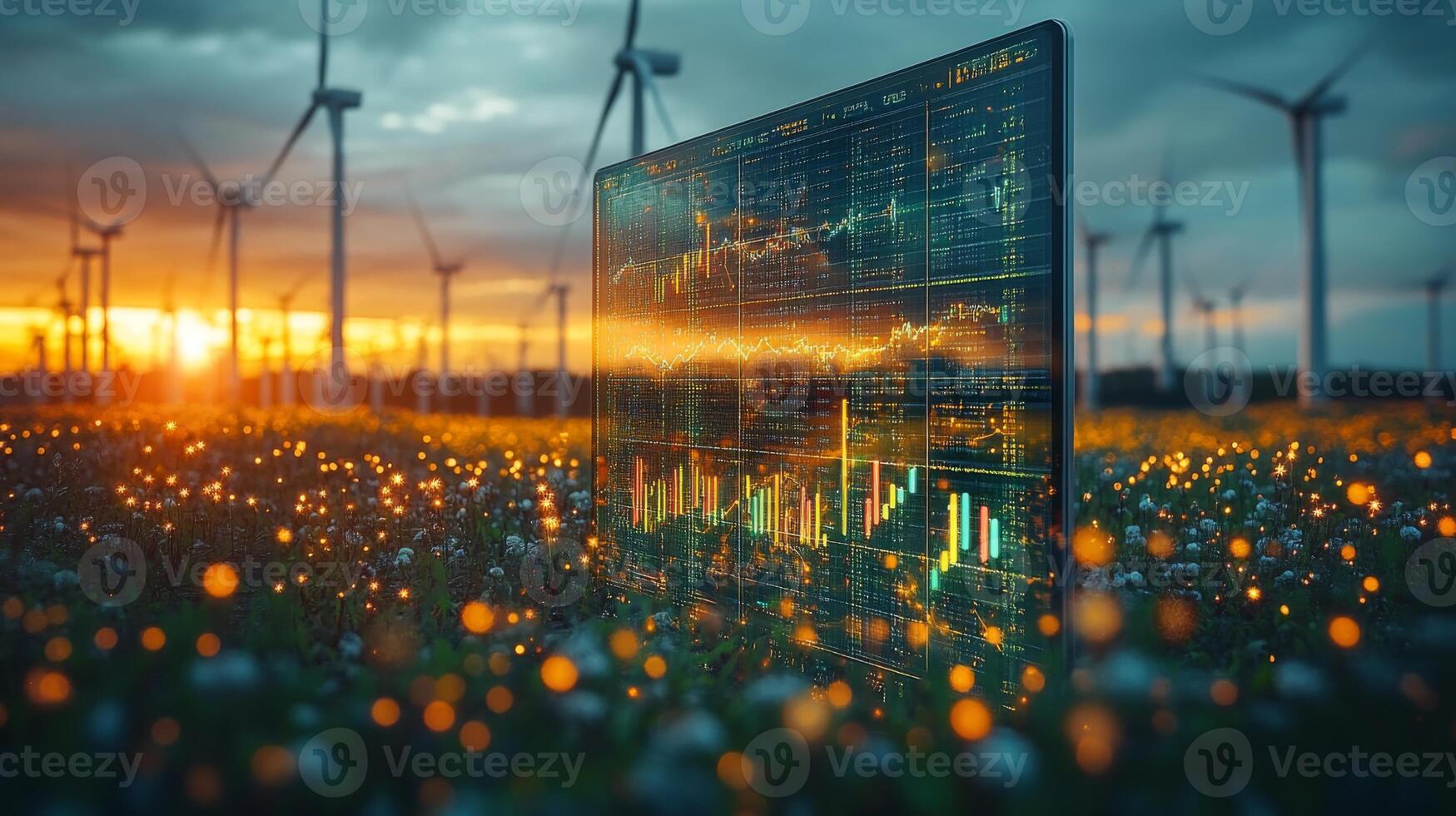A financial chart with glowing market data is positioned in a colorful field, surrounded by blooming flowers and wind turbines under a vibrant sunset sky. photo
