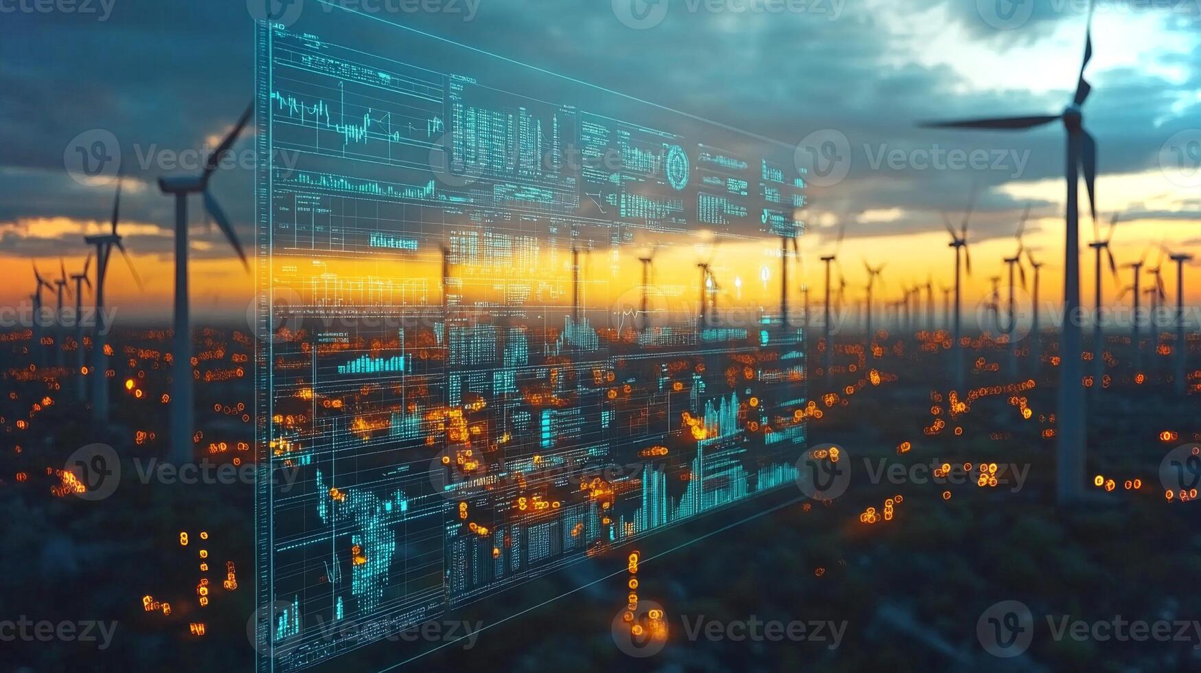 A beautiful sunset illuminates a wind farm, where numerous wind turbines stand tall. Digital data overlays display analytics, highlighting the integration of technology in renewable energy. photo