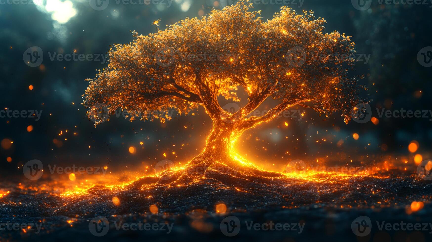A majestic tree surrounded by a soft glow emanating from the ground, creating an enchanting atmosphere in a dimly lit forest during twilight. photo