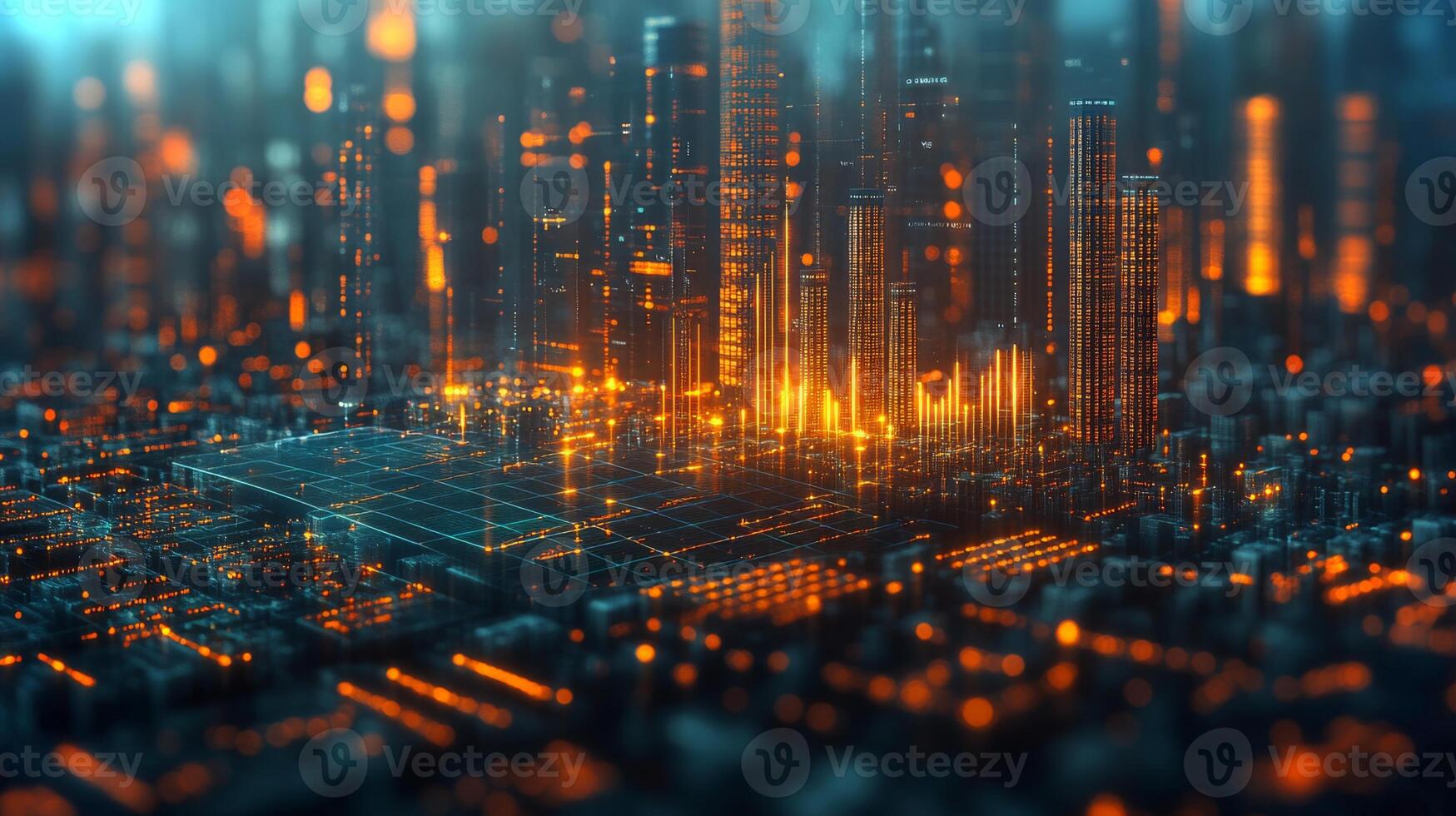 A vibrant night city skyline displays glowing lights and data connections, representing urban growth and technology's impact on the environment, with high-rise buildings and intricate networks. photo