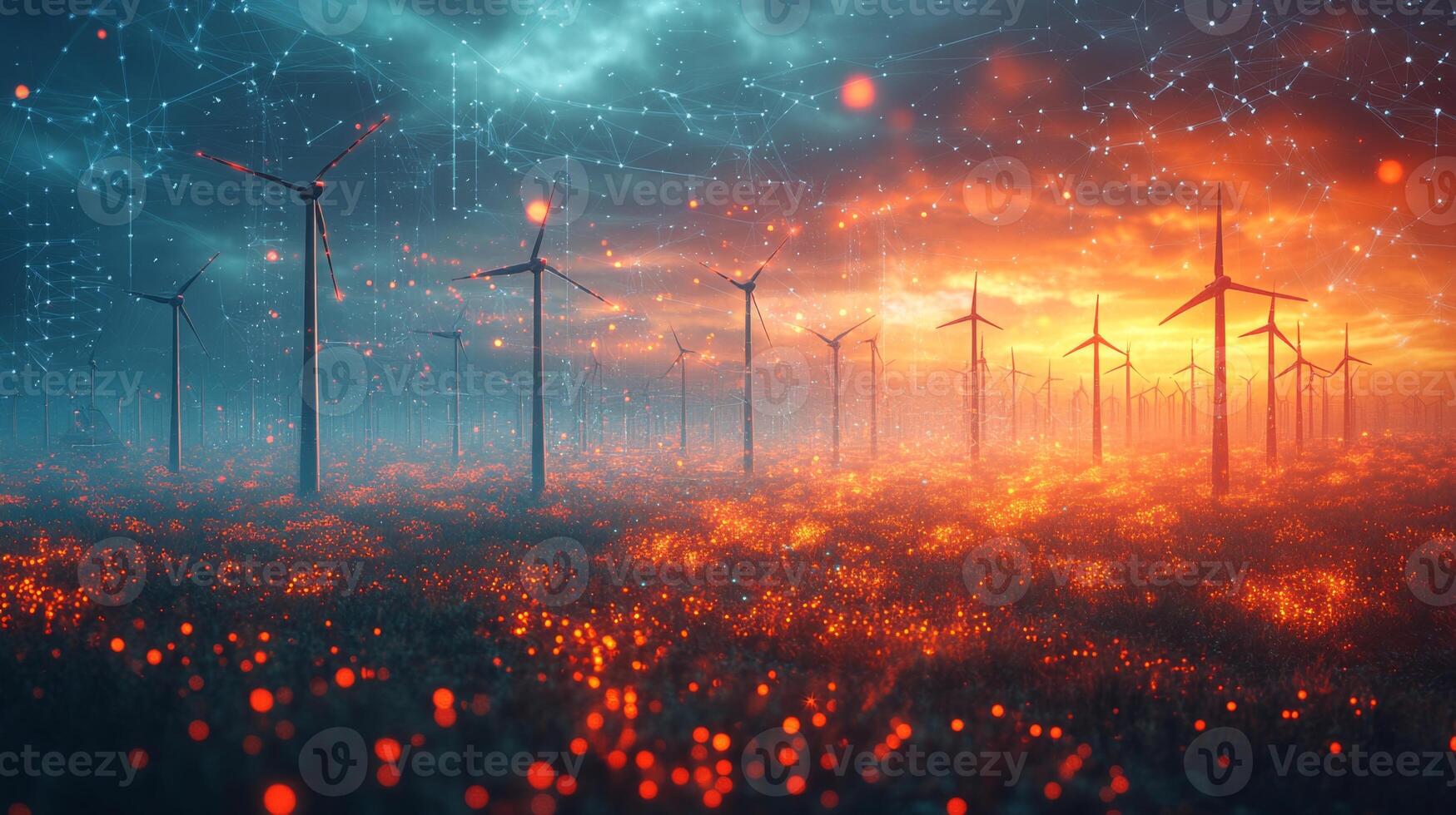 Dynamic colors fill the sky as the sun sets behind a row of wind turbines. The field is alive with glowing flowers, creating a mesmerizing view filled with energy. photo
