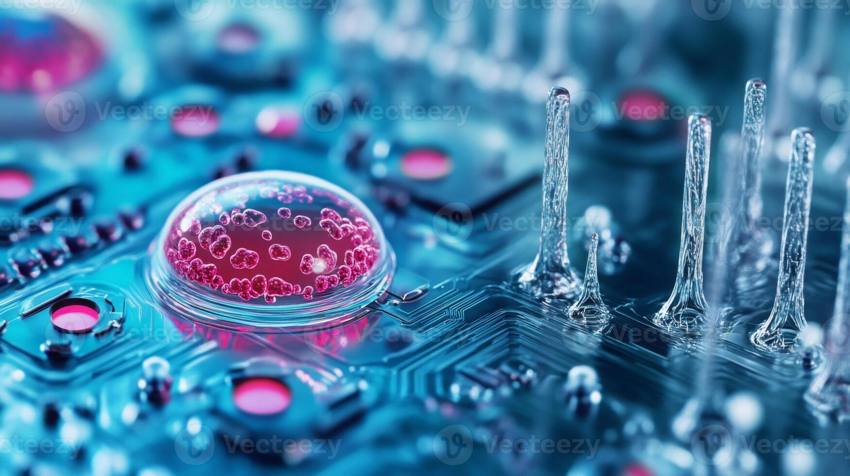 Close-up of a vibrant electronic circuit board, showcasing a droplet of bio matter alongside intricate circuitry and microstructures. photo