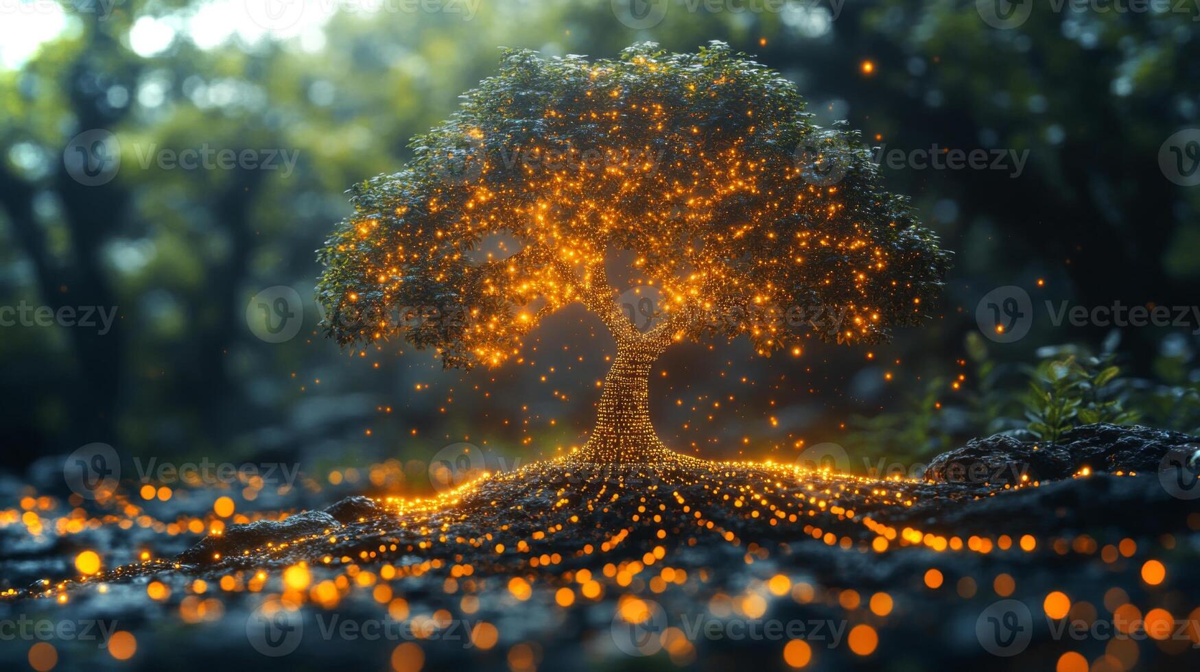 A stunning tree with luminous roots glowing brightly in a tranquil forest at twilight. The magical ambiance is enhanced by soft light filtering through the foliage. photo