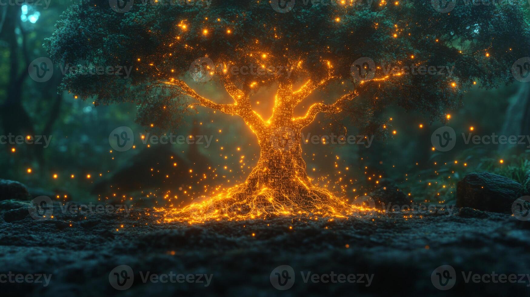 A majestic tree stands in a misty forest, its branches illuminated with glowing sparks. The enchanting scene unfolds during twilight, casting an ethereal atmosphere around. photo
