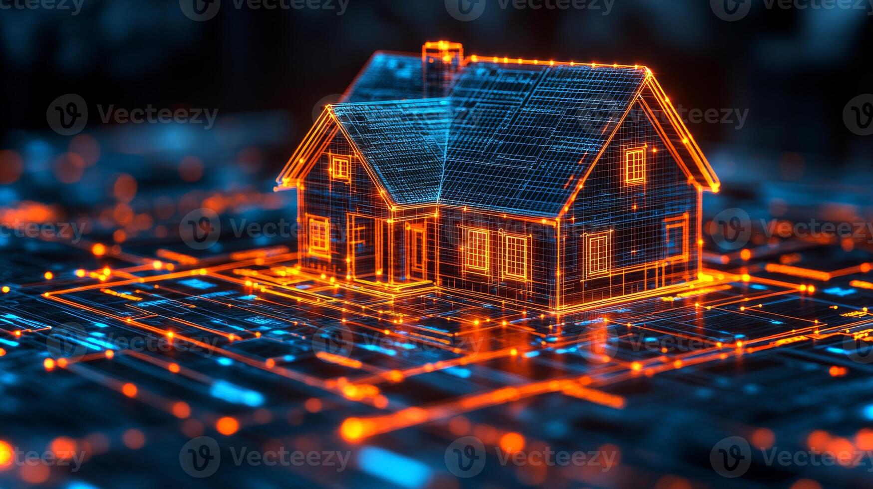 A house silhouette appears in bright lines, showcasing a digital design. The background features a technology-inspired grid, enhancing the modern feel. photo