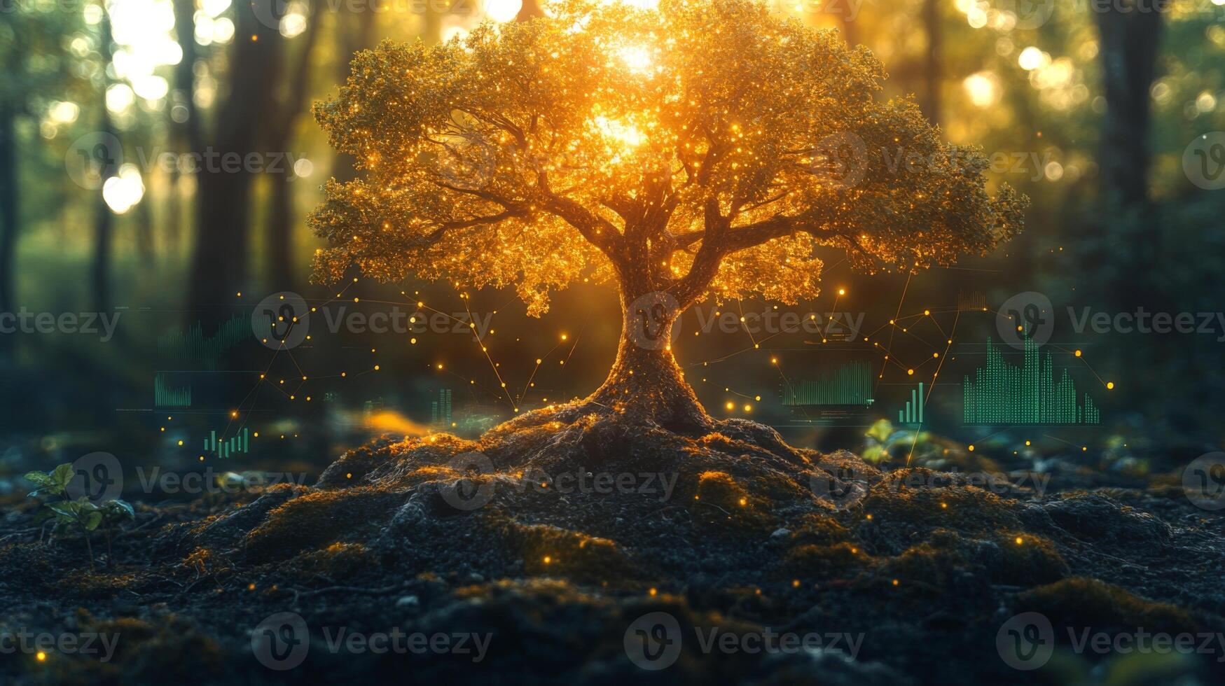 A vibrant tree stands in the center of a lush forest as the sun sets, casting a warm glow through the leaves while soundwave patterns float around it, creating a serene atmosphere. photo