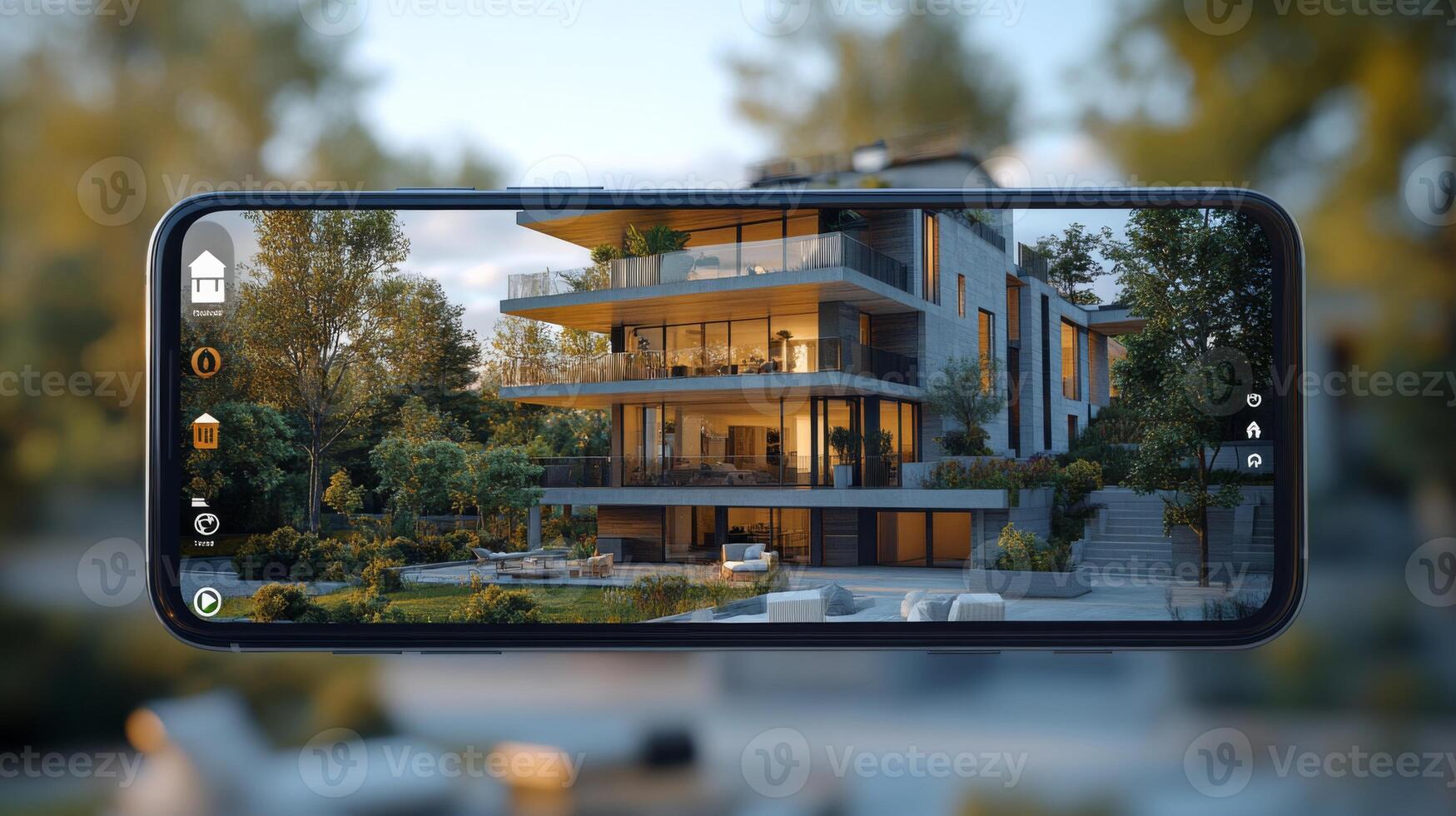 A smartphone displays a contemporary house design amidst vibrant greenery. The scene captures the essence of innovative architecture in a serene outdoor environment. photo
