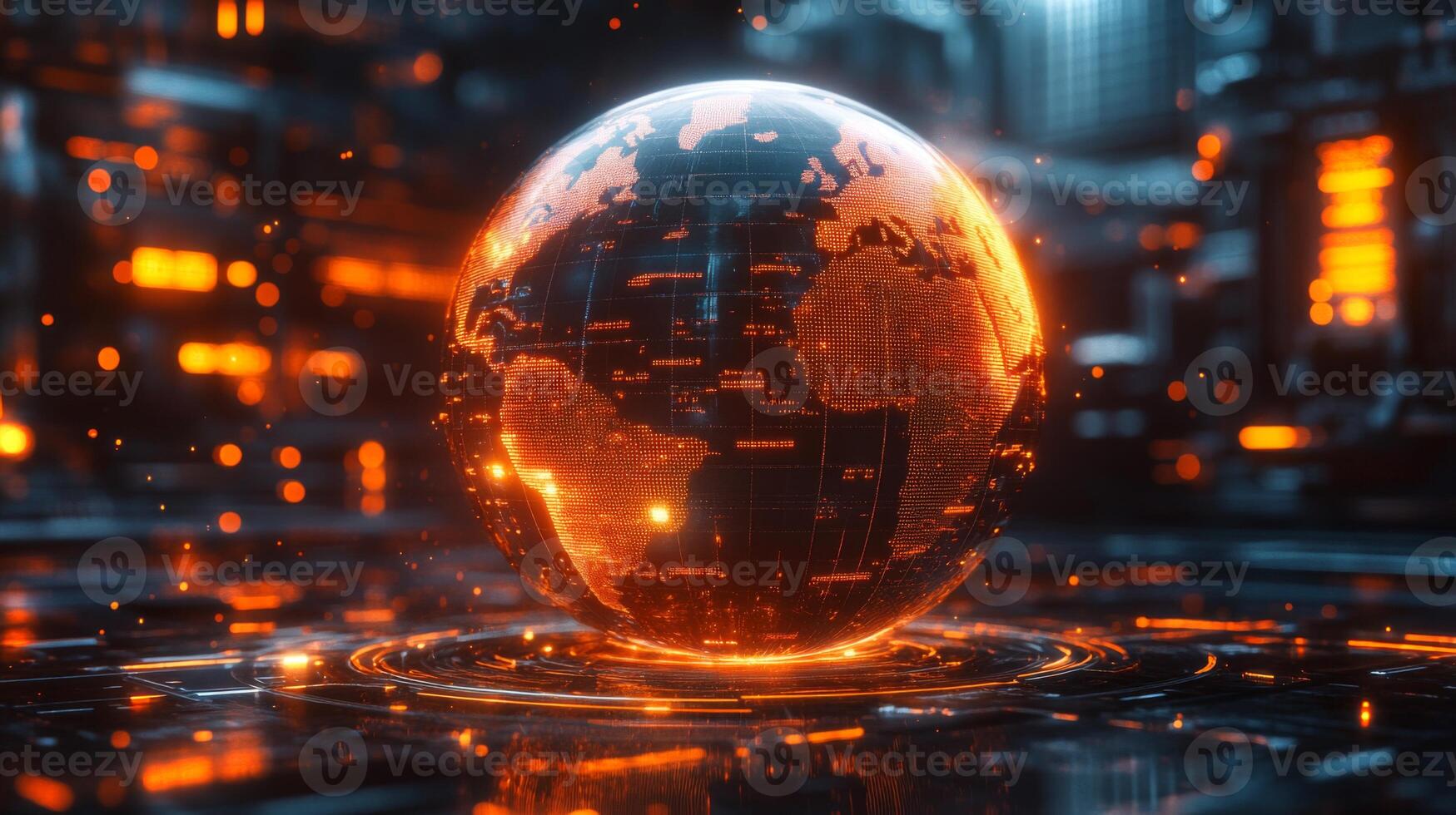 A glowing globe showcases intricate patterns and data points, set against a futuristic city illuminated by orange lights during nighttime. The digital ambiance creates a dynamic atmosphere. photo