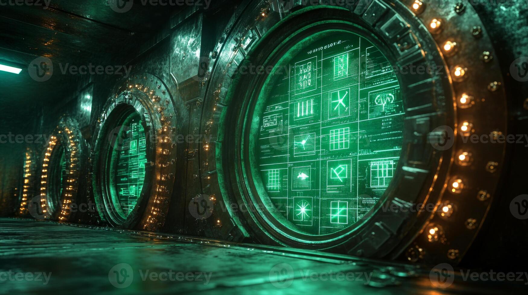 In a dimly lit corridor, circular windows reveal glowing green displays with complex data. The high-tech environment suggests advanced technology and exploration. photo