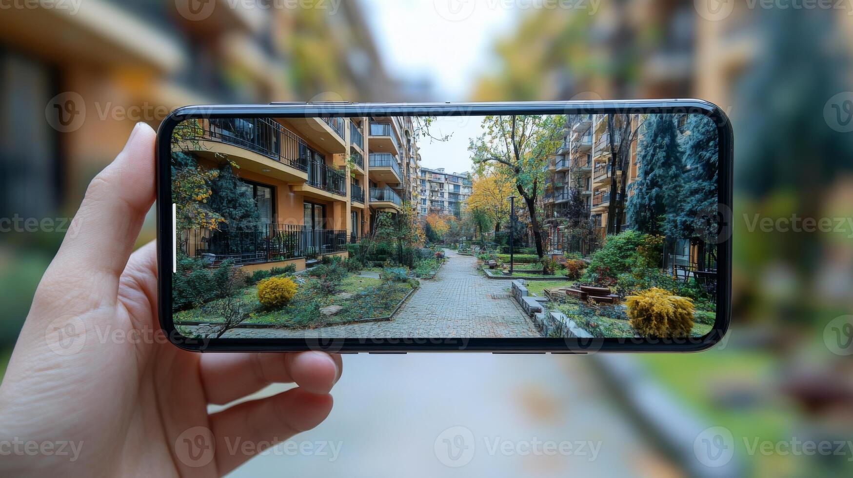 A person holds a smartphone showcasing a tranquil garden path surrounded by vibrant greenery and autumn leaves between buildings. photo