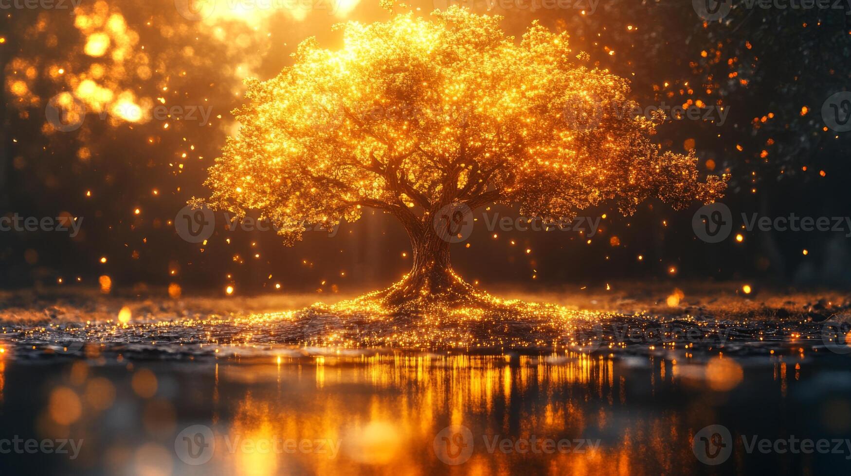 A magnificent tree glows golden under the warm evening sun, surrounded by twinkling lights. Its reflection dances on the still water, creating a magical atmosphere at dusk. photo