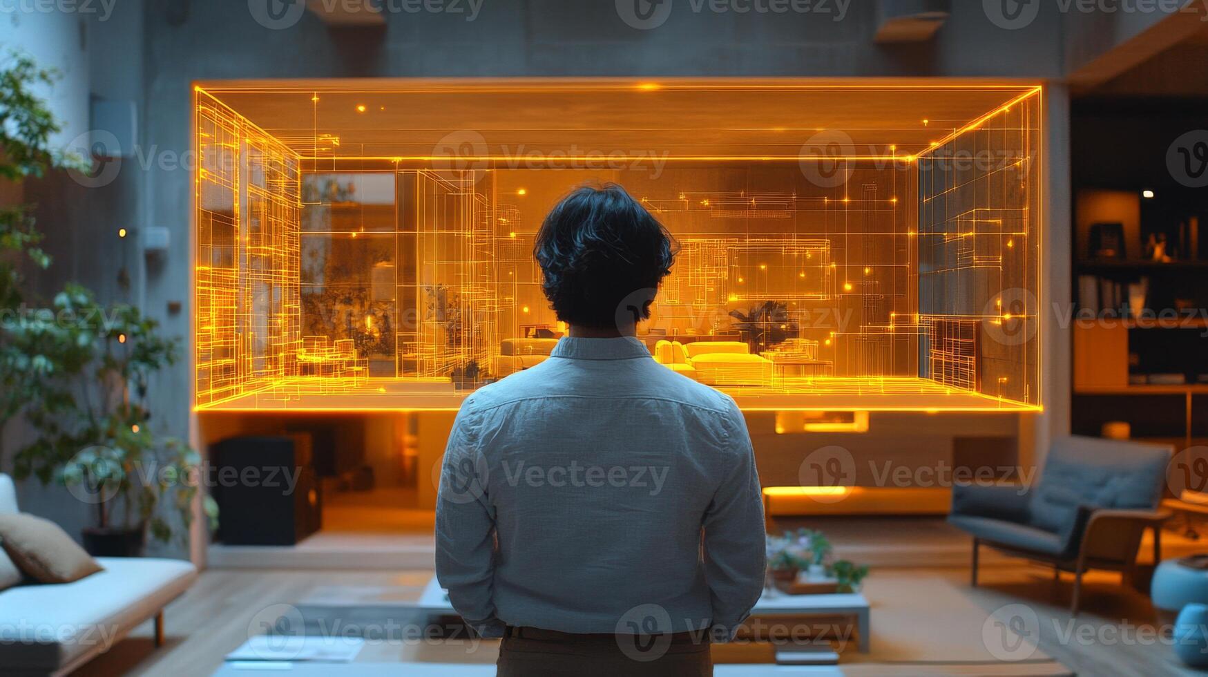 A person stands in a modern living room, gazing at a holographic 3D architectural model. The warm lighting and sleek furniture create a cozy atmosphere. photo