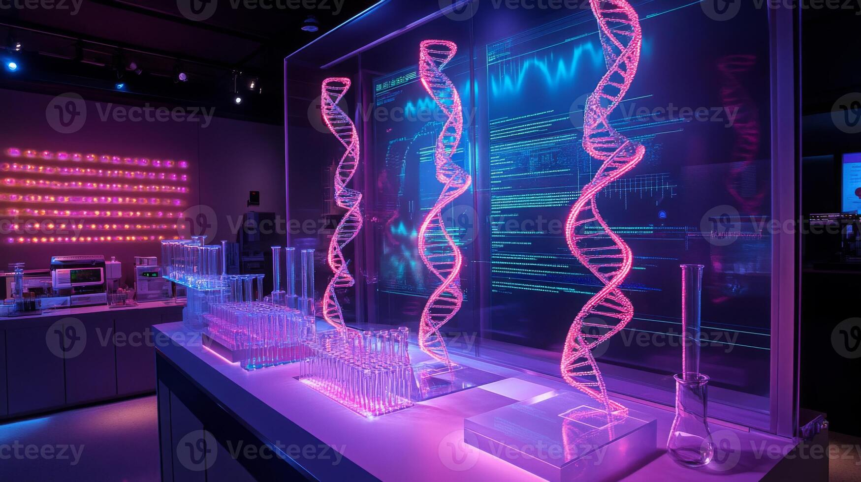 A contemporary research facility showcases interactive displays of DNA structures and bioinformatics data. photo