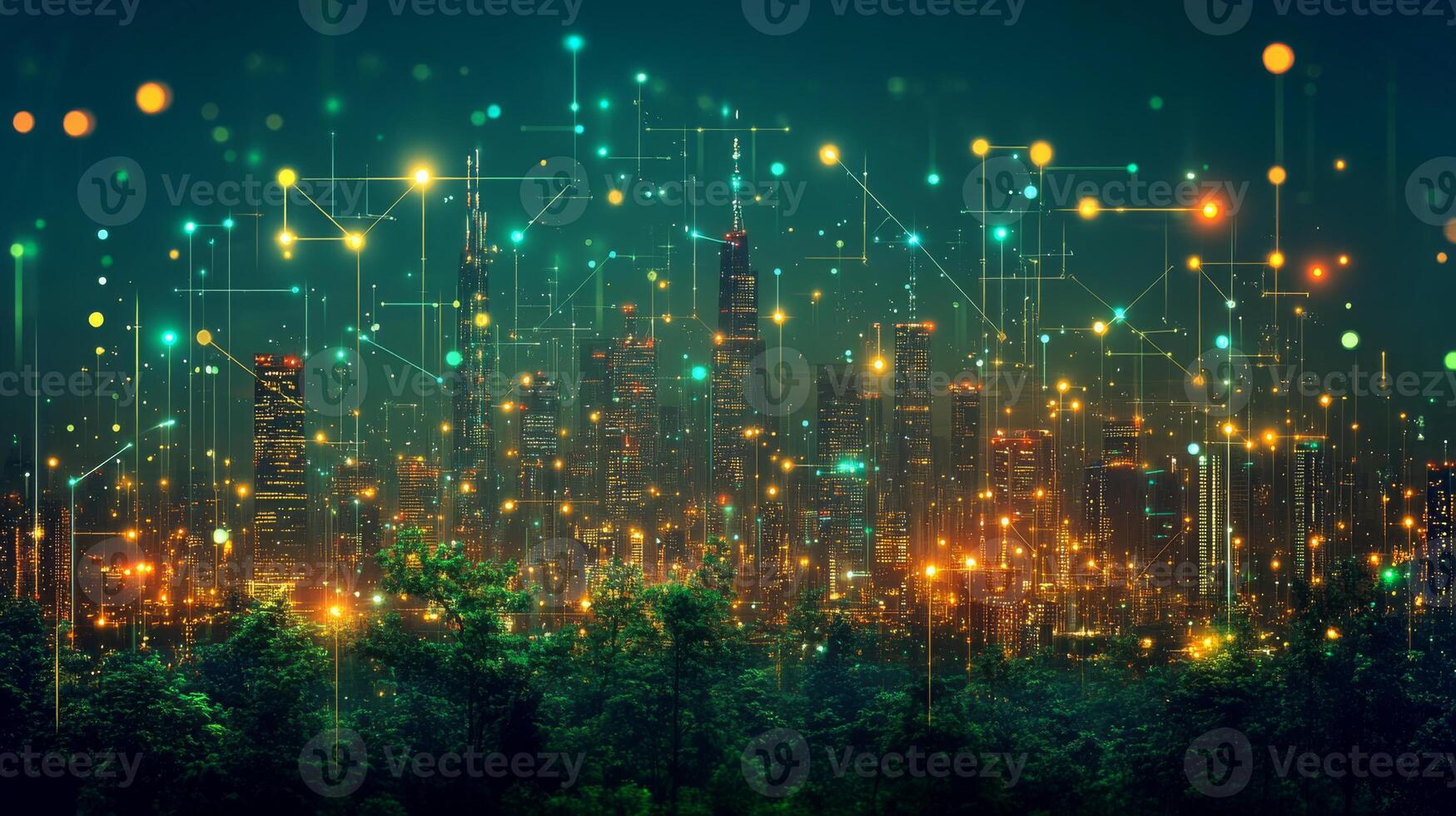 A city skyline comes alive with colorful lights resembling digital patterns at night. The scene features a mix of modern skyscrapers and lush greenery, creating a unique urban landscape. photo