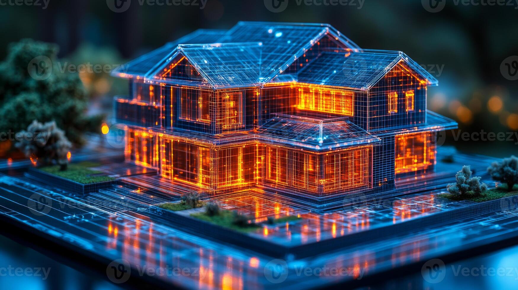 A detailed architectural model represents a modern house with glowing lines and structures, set outdoors during twilight. The intricate design features sharp angles and dynamic forms. photo