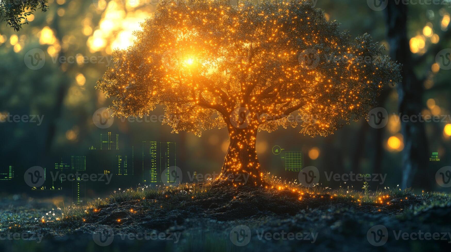 A large tree with glowing leaves stands in a serene forest, bathed in warm sunlight. photo