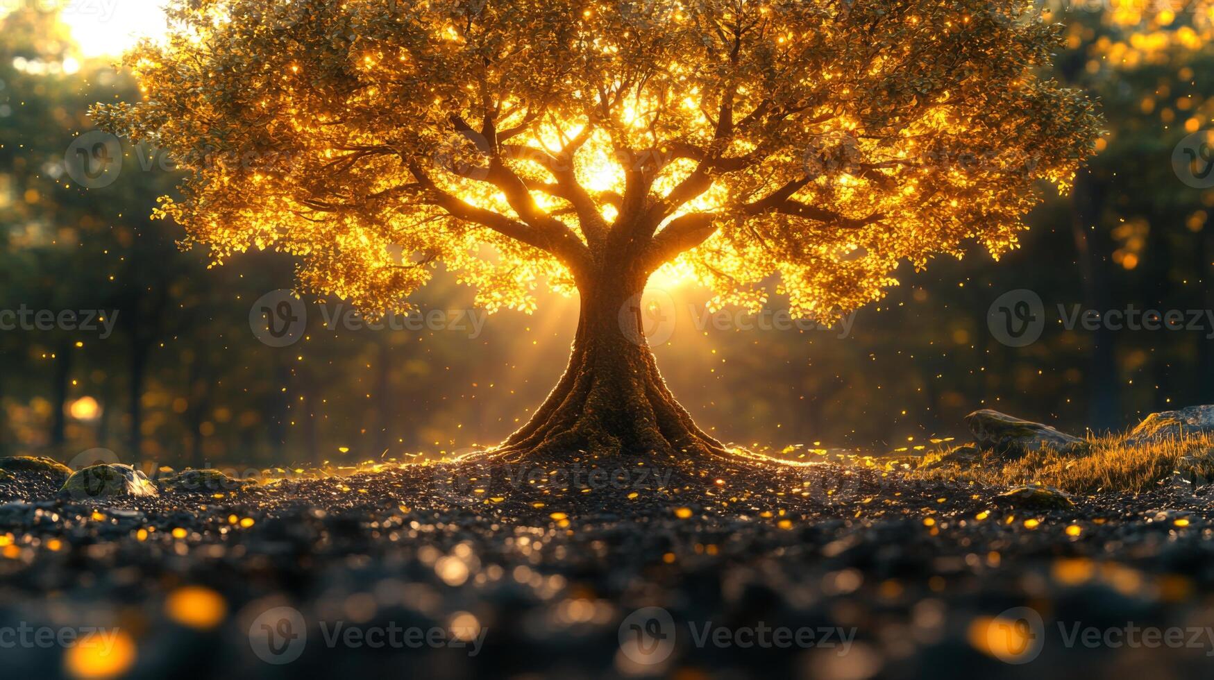 Sunlight bathes a large tree, illuminating its golden leaves in a peaceful forest setting. The ground is covered with fallen leaves, creating a serene atmosphere. photo