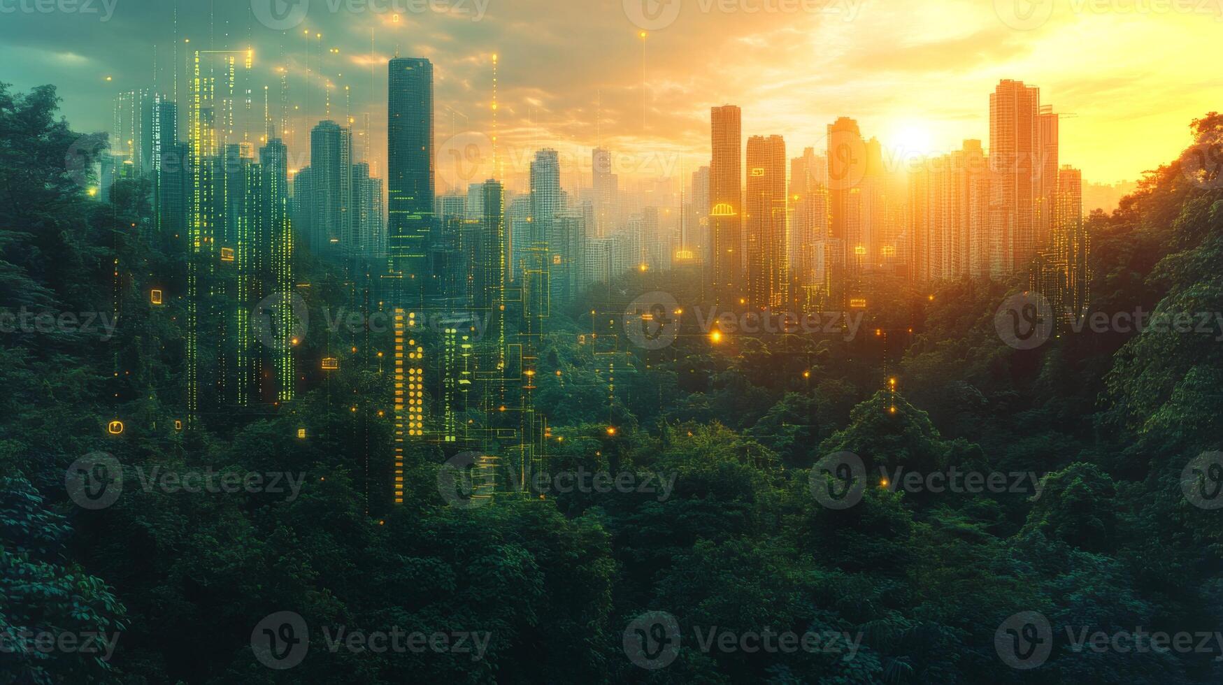 A vibrant sunset illuminates a futuristic cityscape where towering skyscrapers rise above dense greenery. Luminous lights reflect on buildings, creating a striking contrast with nature. photo