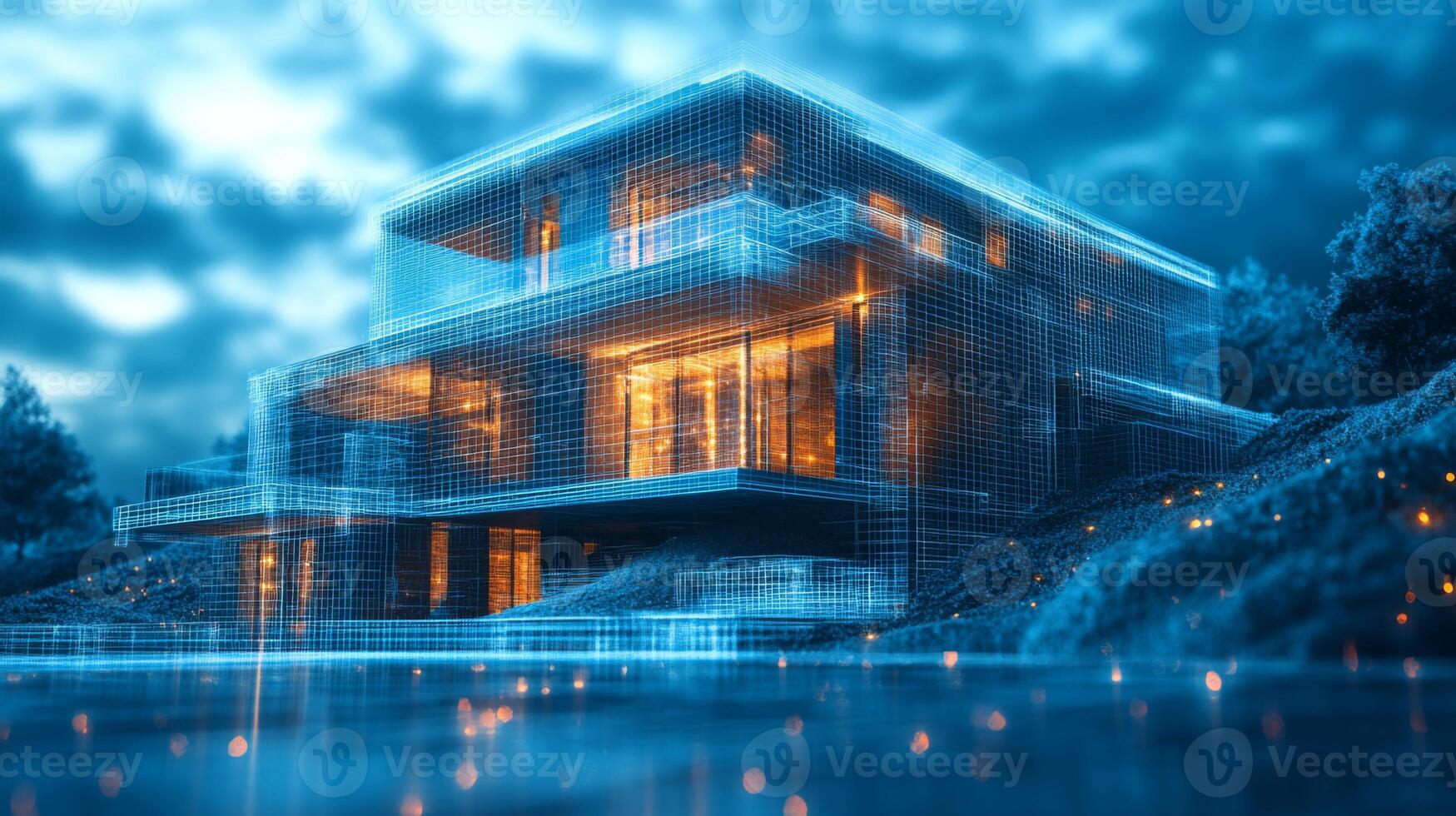 A contemporary house is depicted in a digital wireframe, glowing with warm lights. The setting is serene with a lake, surrounded by trees and a dramatic sky at dusk. photo