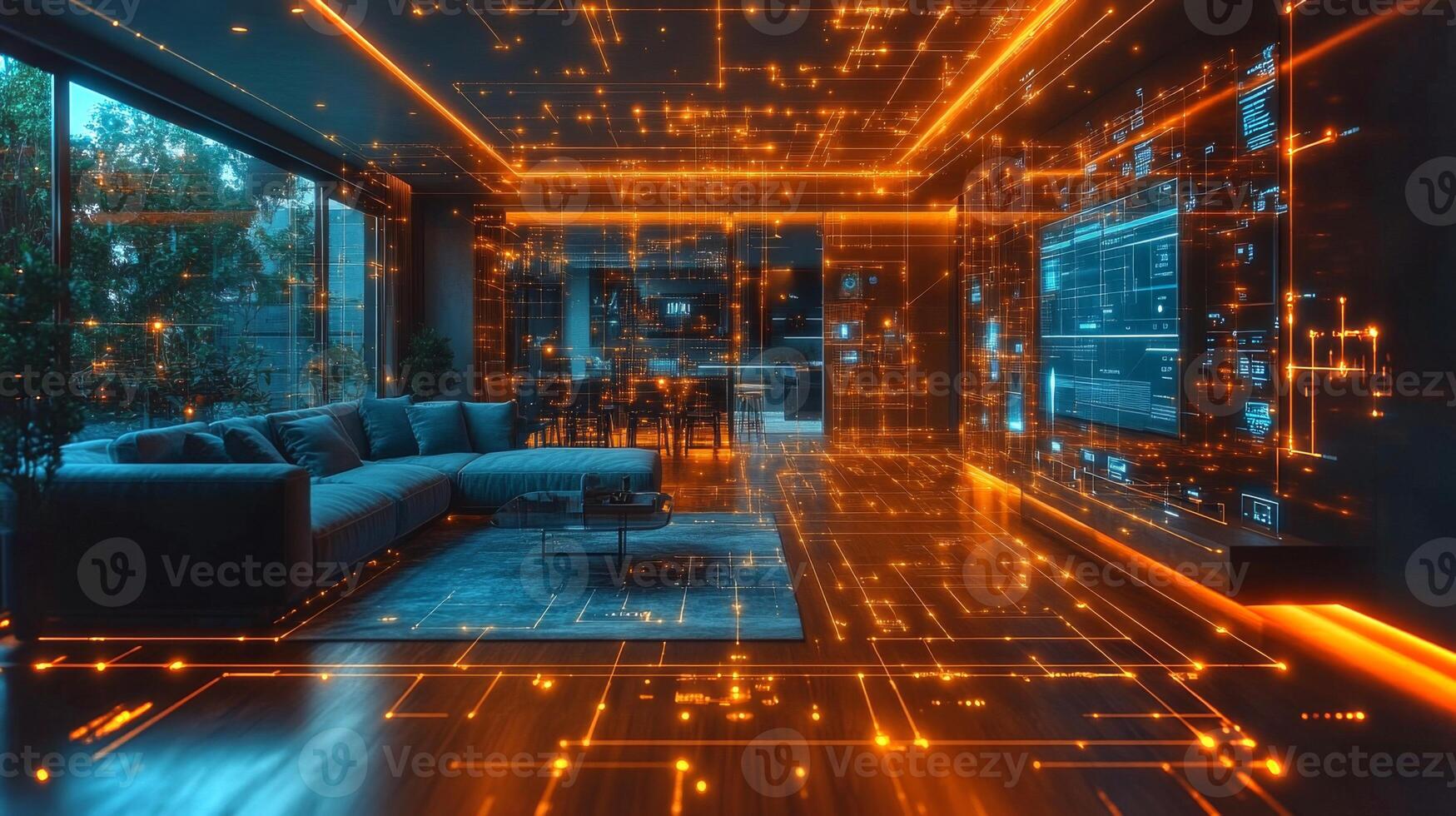 A stylish living room designed with sleek furniture, featuring holographic projections that create an engaging digital atmosphere. Large windows showcase greenery outside, enhancing the ambiance. photo