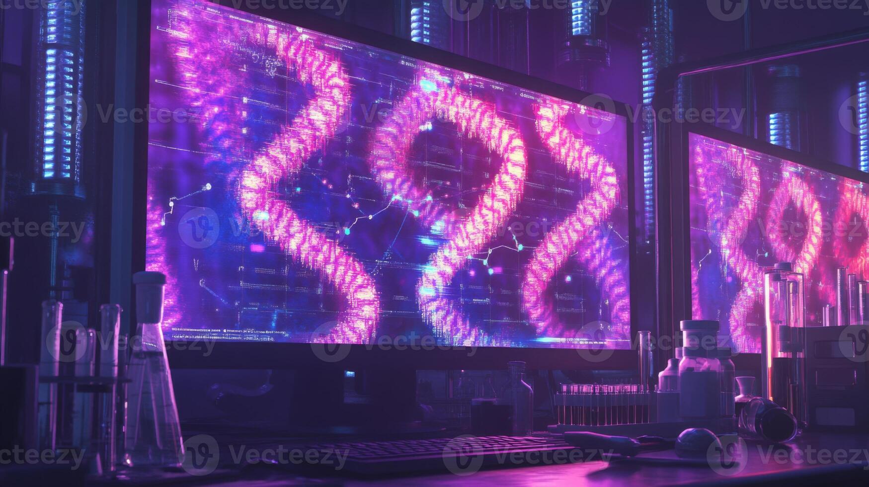 In a high-tech laboratory, multiple screens display vibrant simulations of complex biological structures. photo