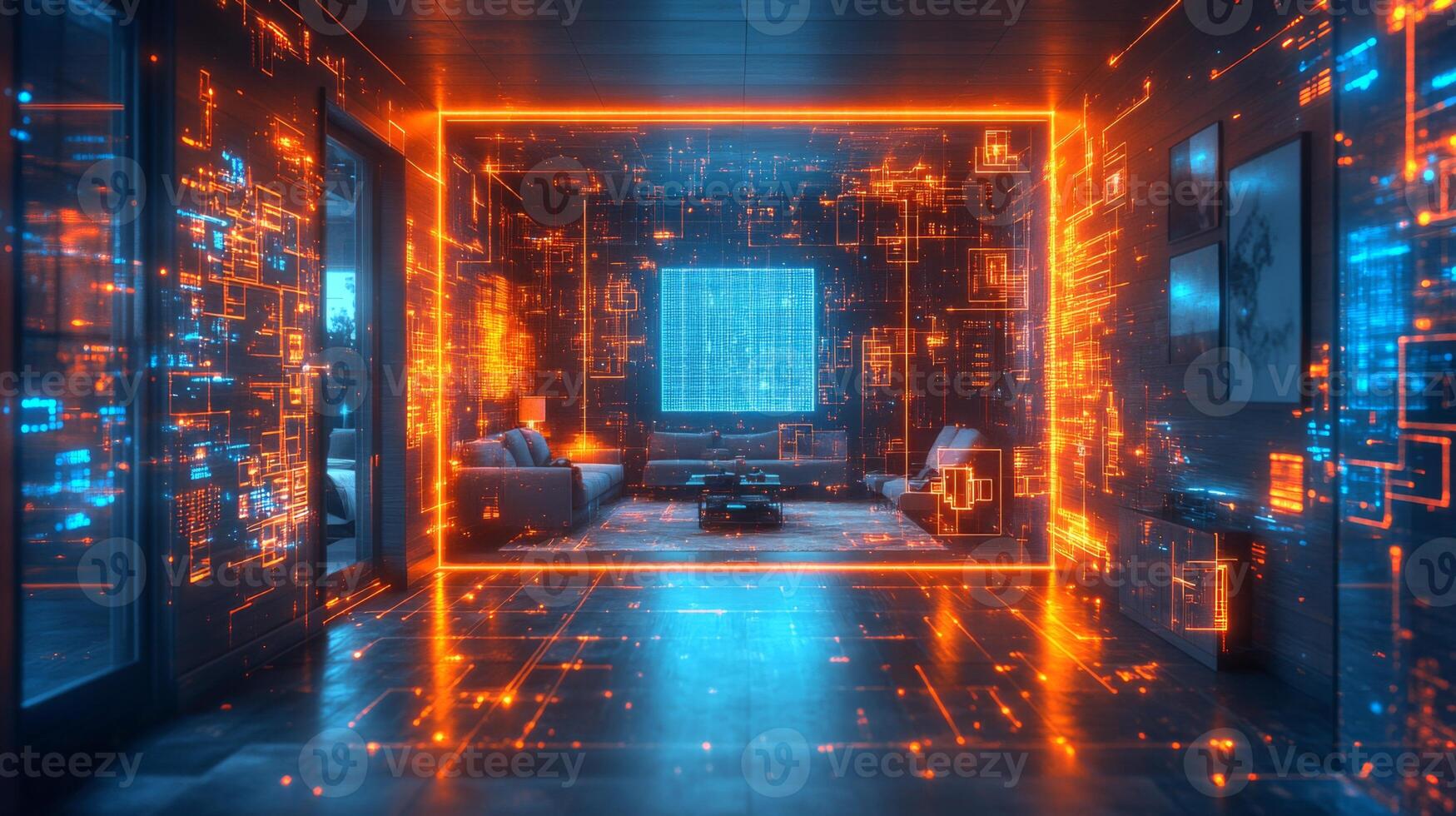 A modern living room showcases a blend of comfort and technology, featuring glowing neon orange and blue lines. Digital patterns illuminate the walls, enhancing the futuristic vibe. photo