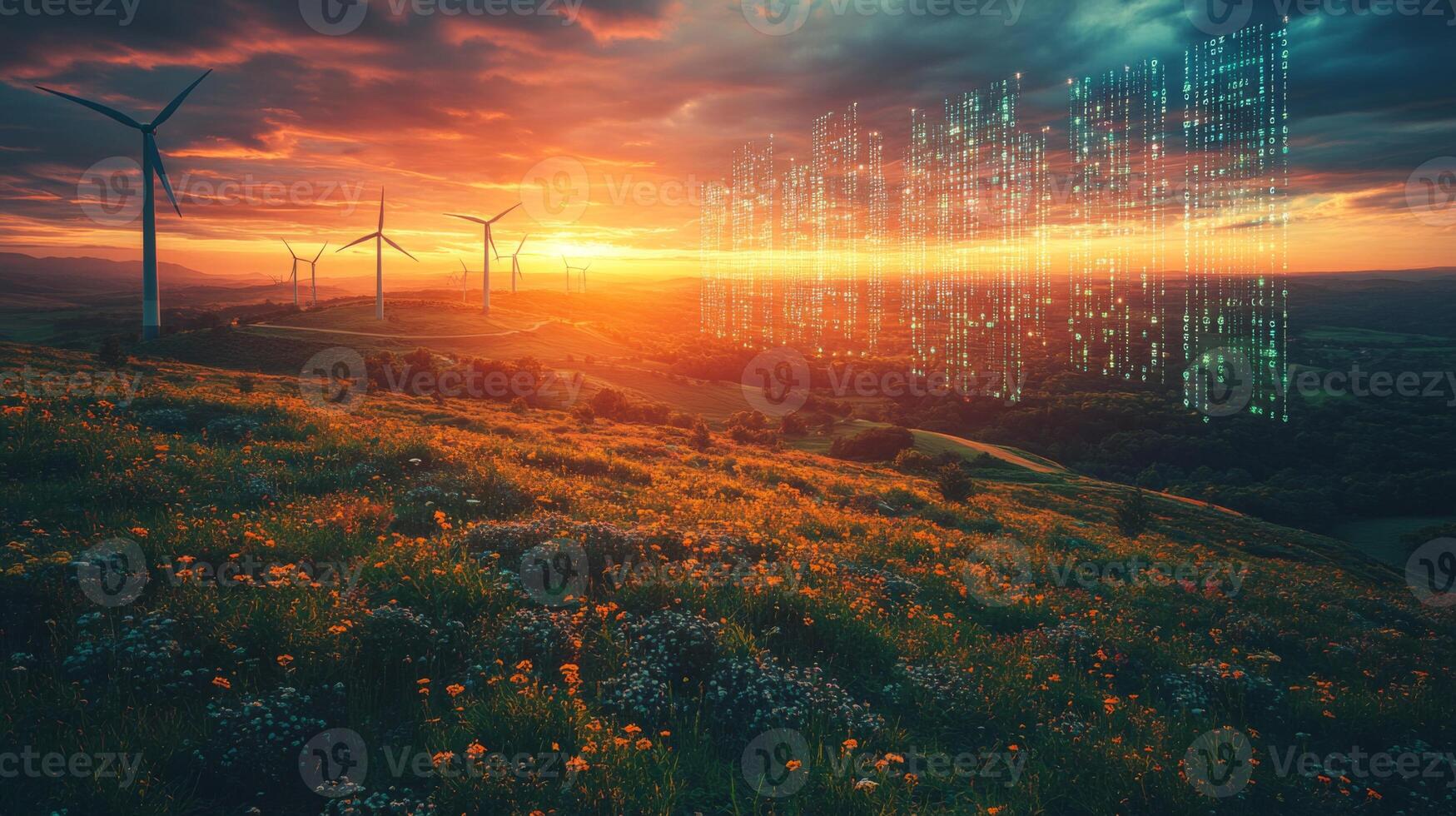 A beautiful sunset paints the sky behind wind turbines. Digital data streams overlay the landscape, showcasing the intersection of nature and technology in renewable energy. photo