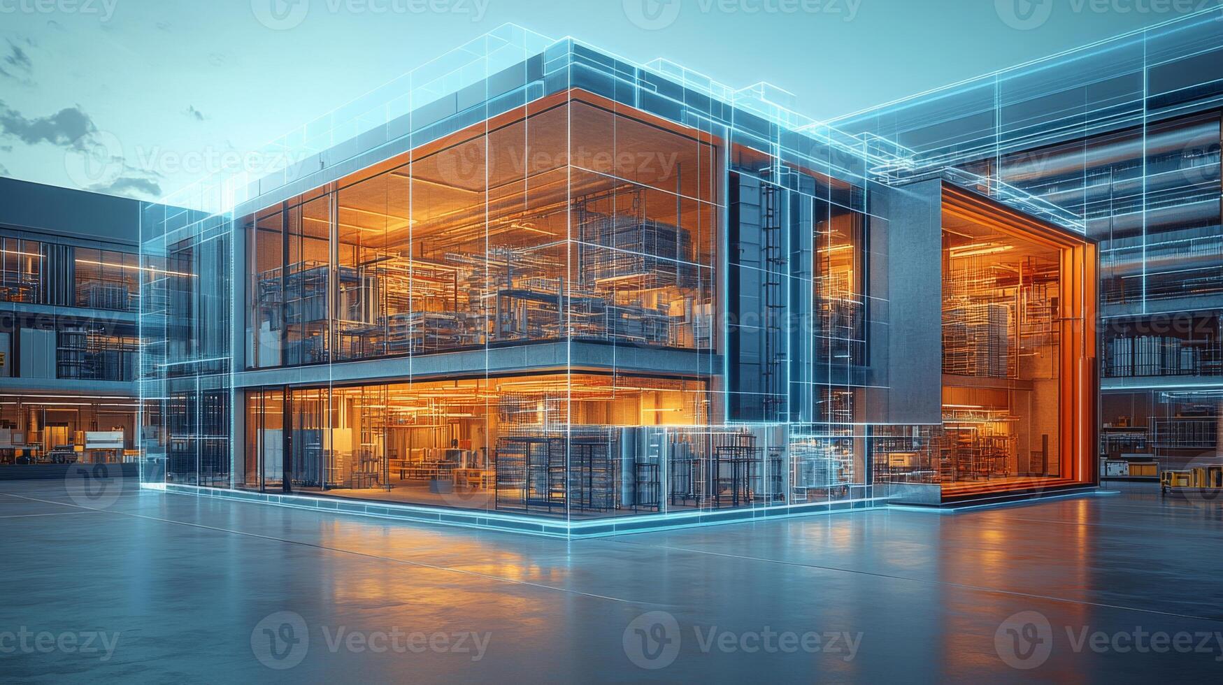 A contemporary warehouse structure is illuminated with warm light, surrounded by a digital blueprint showcasing its design and interior. The setting emphasizes both technology and functionality. photo