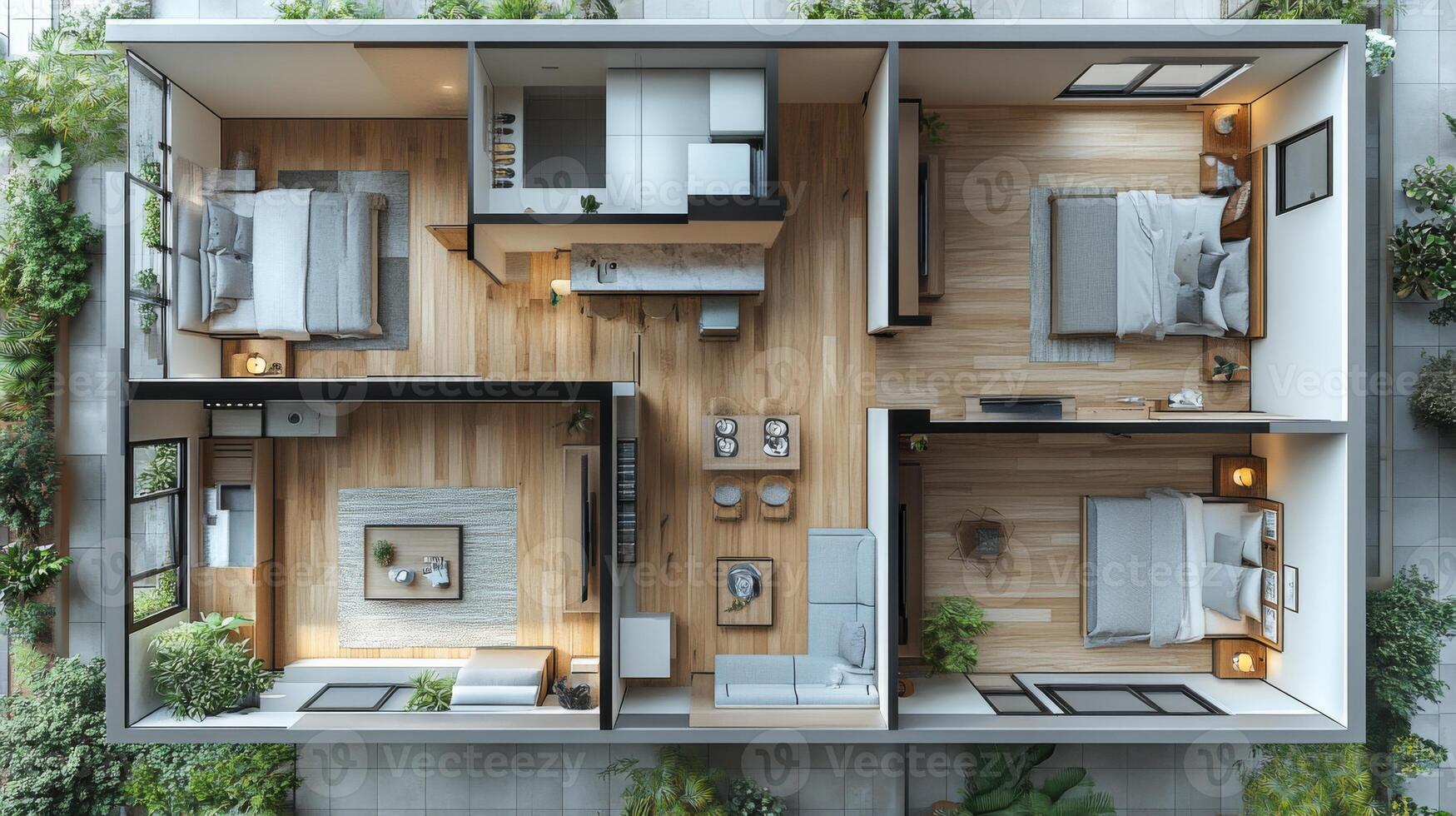 A contemporary house layout featuring an open concept kitchen and living area, two cozy bedrooms, and green outdoor spaces, emphasizing a connection with nature and light. photo