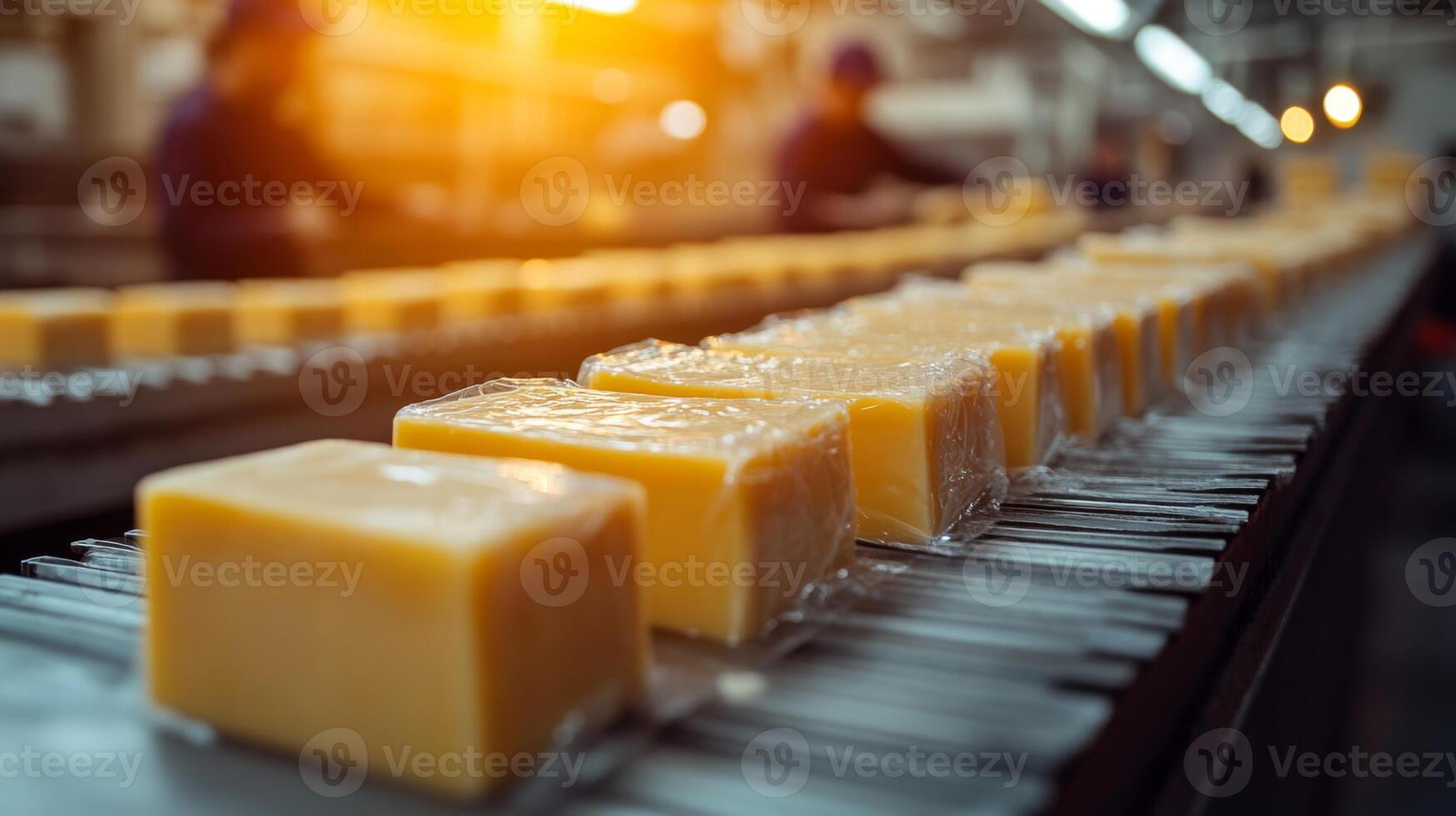 Blocks of cheese are moving along a conveyor belt in a manufacturing facility, with workers in the background focused on quality control during sunset. photo