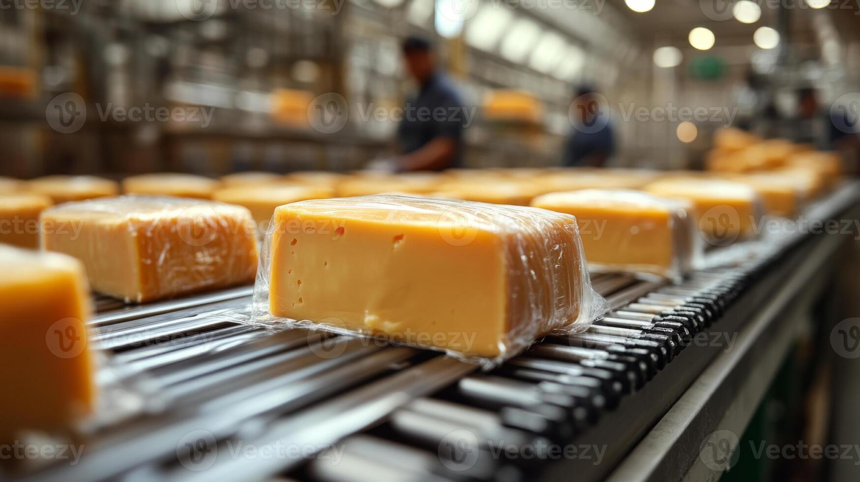Blocks of cheese are moving along a conveyor belt in a busy factory. Workers are focused on processing and packaging cheese during production hours. photo