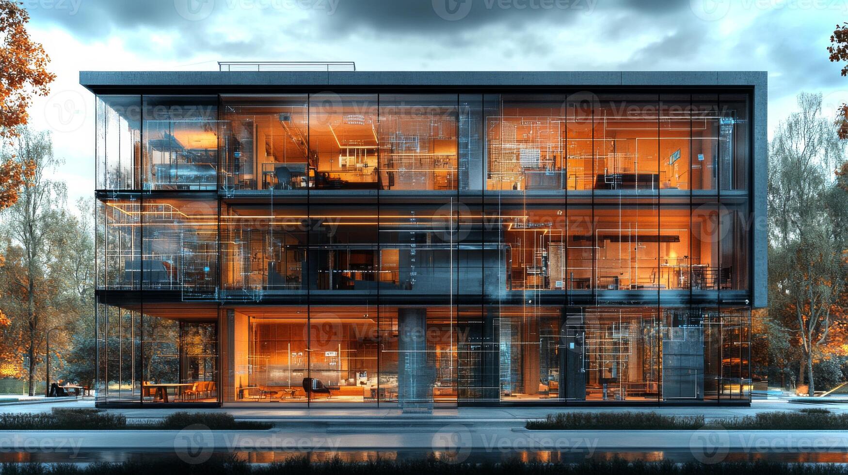 A striking glass house exhibits modern architecture, featuring an open layout with warm lighting. The exterior reflects a peaceful environment at dusk, surrounded by trees and water. photo