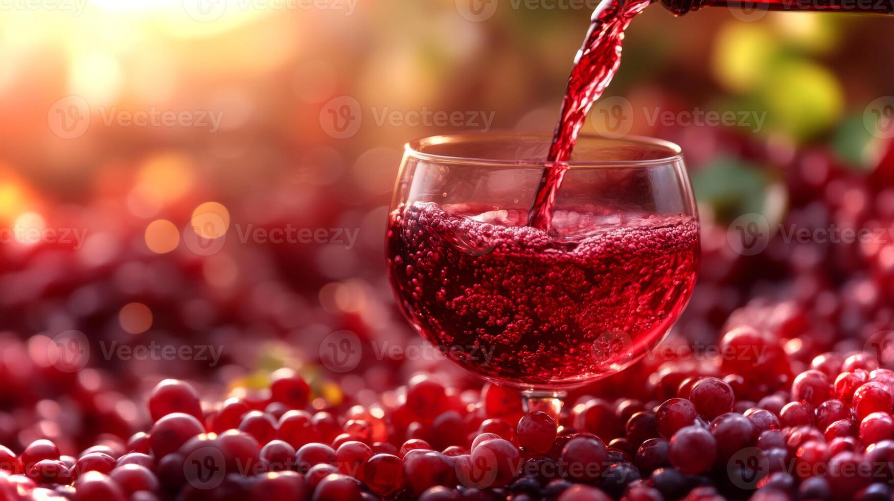 Red wine is being poured into a glass, surrounded by lush, ripe grapes. The warm glow of sunset enhances the rich colors of the scene, creating a serene and inviting atmosphere. photo