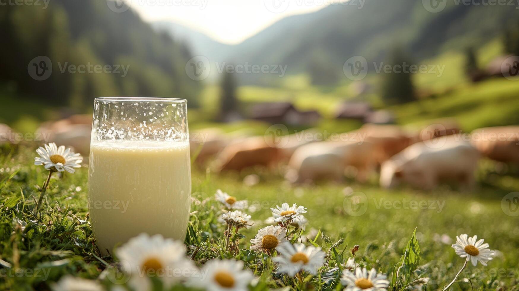 A glass of fresh milk rests on green grass dotted with daisies while cows graze peacefully in the background. The picturesque mountains create a serene atmosphere. photo