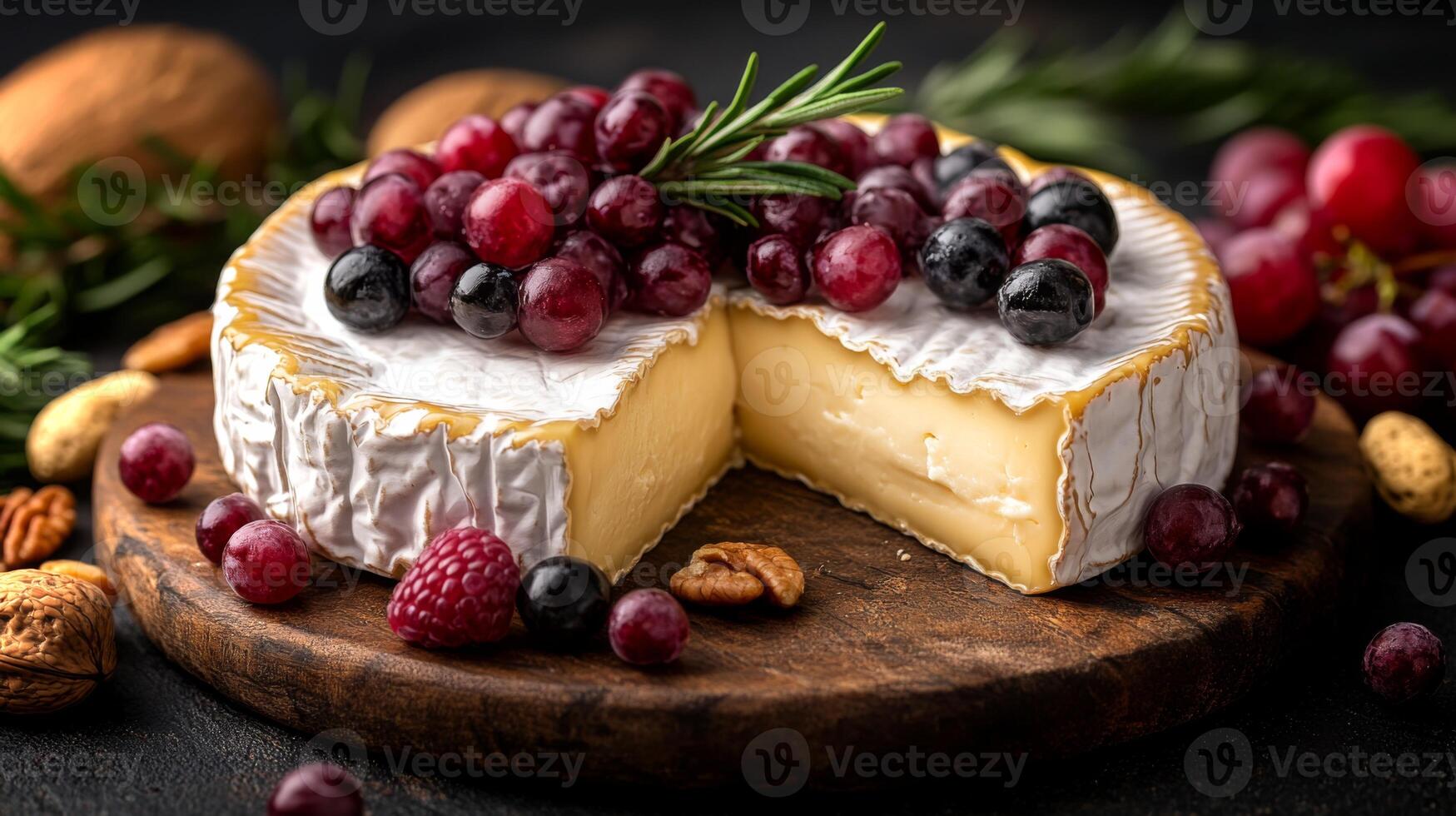 A beautifully arranged cheese platter showcases creamy cheese surrounded by fresh berries and mixed nuts. The dark background enhances the vibrant colors and textures of the ingredients. photo