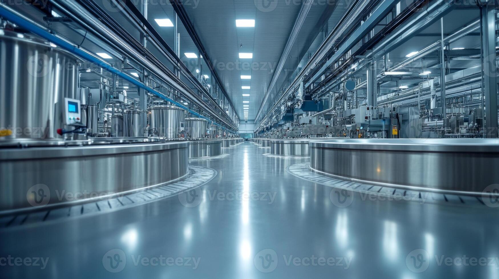 High-tech industrial facility featuring rows of stainless steel machinery and equipment designed for efficient production processes. The environment is clean and well-lit. photo