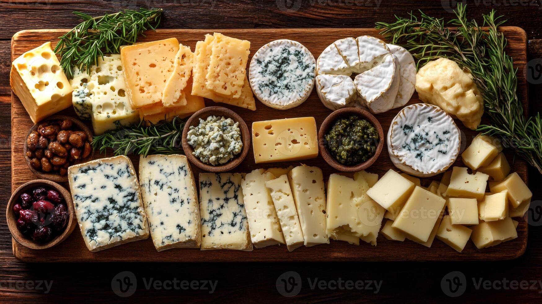 A beautifully arranged cheese platter features an assortment of cheeses, including blue cheese, brie, and aged cheddar, garnished with fresh herbs and nuts. The cozy setting enhances the presentation. photo