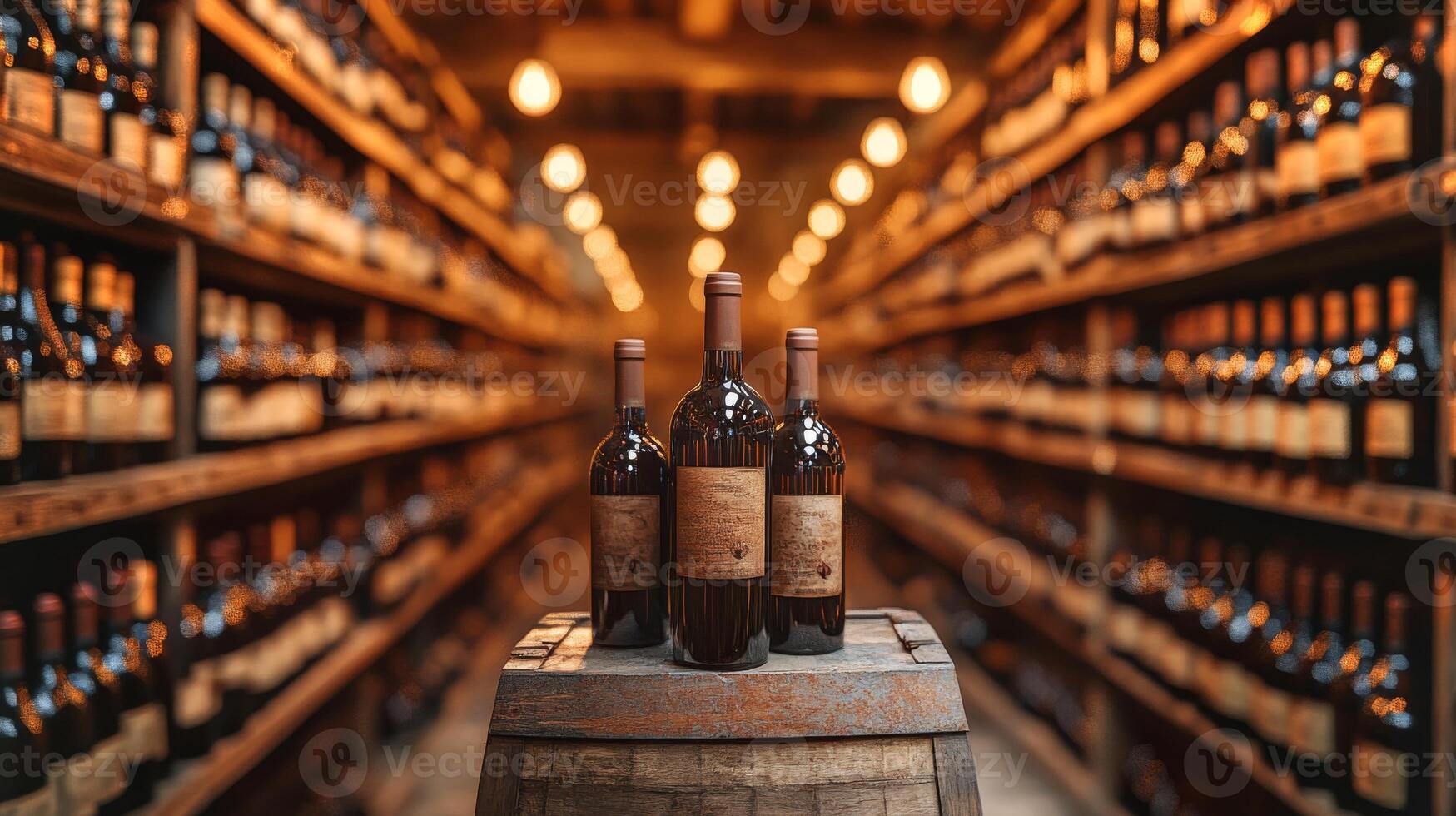 In a cozy wine cellar, shelves lined with countless bottles glow under soft lights. Three prominent bottles rest on a wooden barrel, inviting wine enthusiasts to explore rich flavors. photo